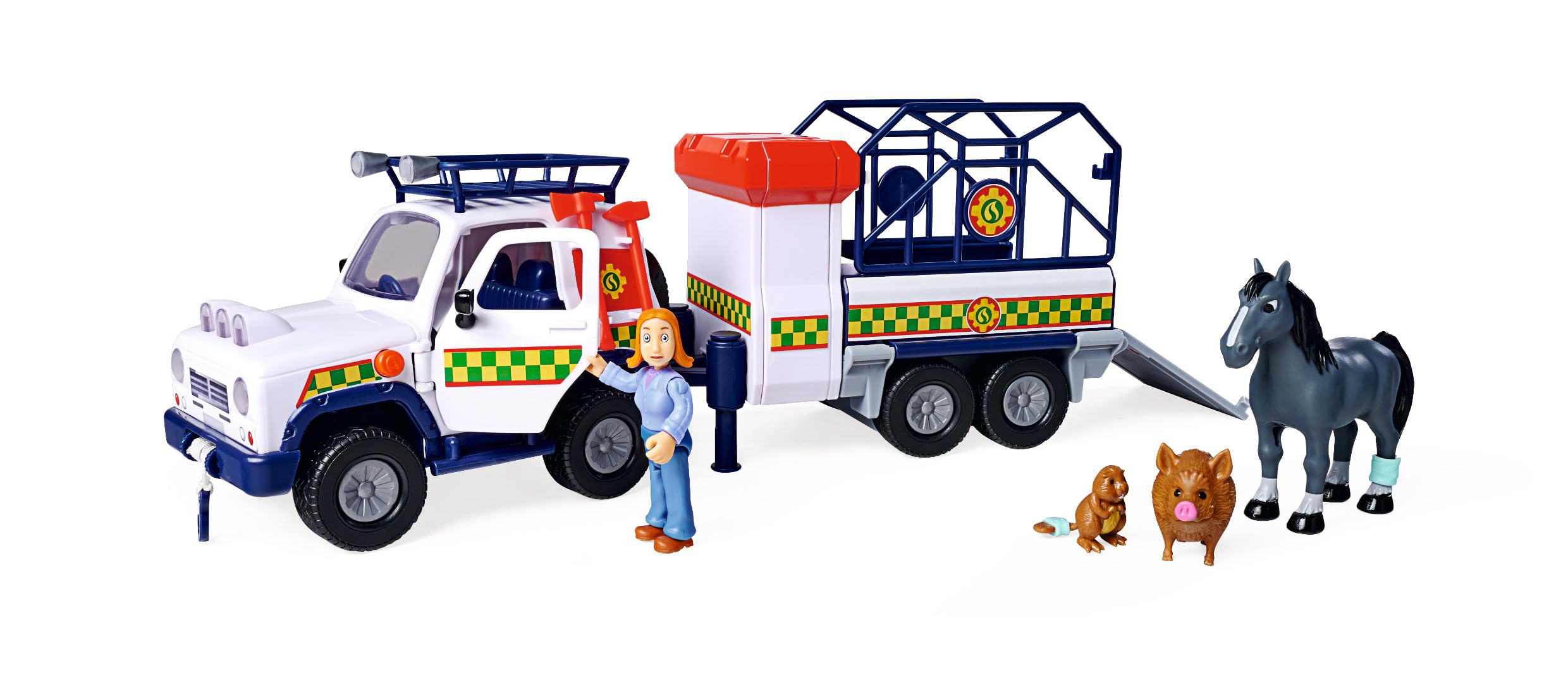 Simba Feuerwehrmann Sam Tierrettung mit Anhänger, Anhänger aufklappbar zur Station, Fahrzeug mit Licht, mit Figur, Tiere, Zubehör, L:34cm, ab 3 Jahren