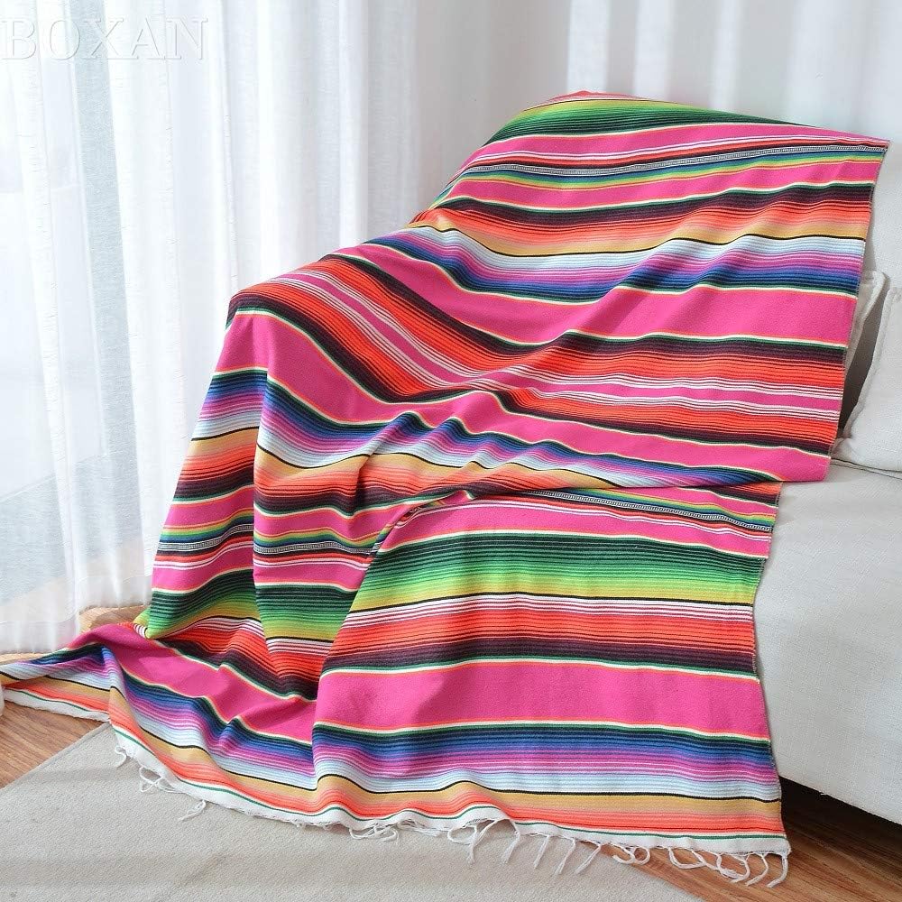 BOXAN 59 x 84 Inch Mexican Blanket Striped Tablecloth for Festive Mexican Fiesta Wedding Party Decorations, Chic Square Natural Cotton Serape Blanket Dining Table Cloth Cinco De Mayo Gifts for Mom