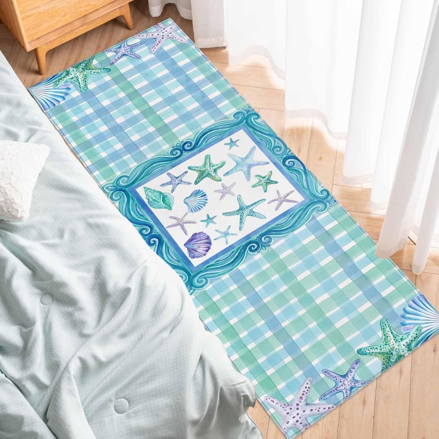 Teamery Kitchen Mats for Floor Ocean Green Blue Starfish Washable Non Slip Kitchen Rugs 1PCS, Classic Turquoise Gingham Plaid Absorbent Standing Mats for Sink Bathroom Office Living Room 23.6x70.9in