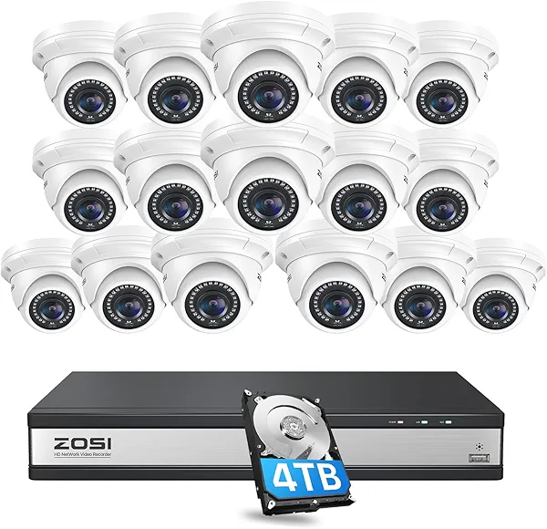 ZOSI 16 Channel 4K POE Security Camera System,H.265 4K 8MP 16CH NVR with 4TB HDD,16 x 5MP CCTV PoE IP Dome Camera Outdoor Indoor,80FT Night Vision,Remote Access for Home Business 24/7 Record