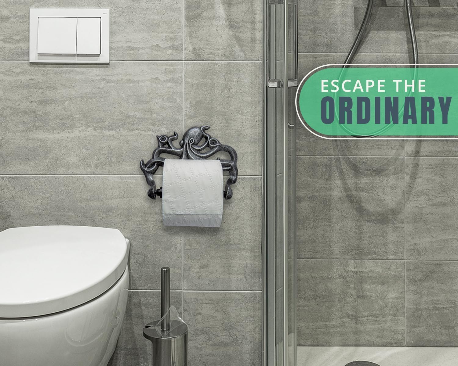Comfify Decorative Cast Iron Octopus Toilet Paper Holder – Wall Mounted Nautical Bathroom Accessory – Kraken Design with Screws and Anchors – Silver & Black