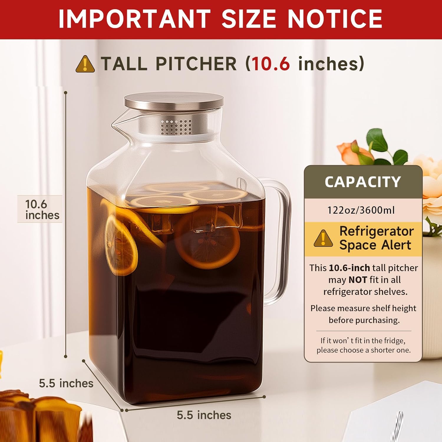 Glass Pitcher, 3.6L Glass Water Pitcher with Tight Stainless Steel Lid, Heat Resistant Borosilicate Glass Carafe, Temperature Safe (MG10) - Image 2