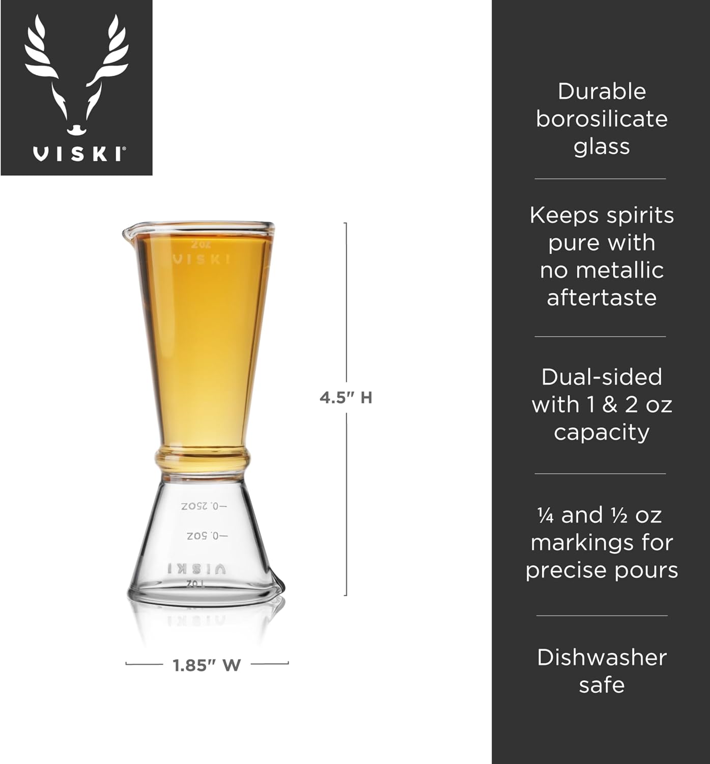 Viski Glass Makoto Jigger, Hand Blown Borosilicate Glass Cocktail Measuring Jigger, 2 oz / 1 oz with 0.25 oz and 0.5 oz Markings, Clear Double Jigger for Home Bar