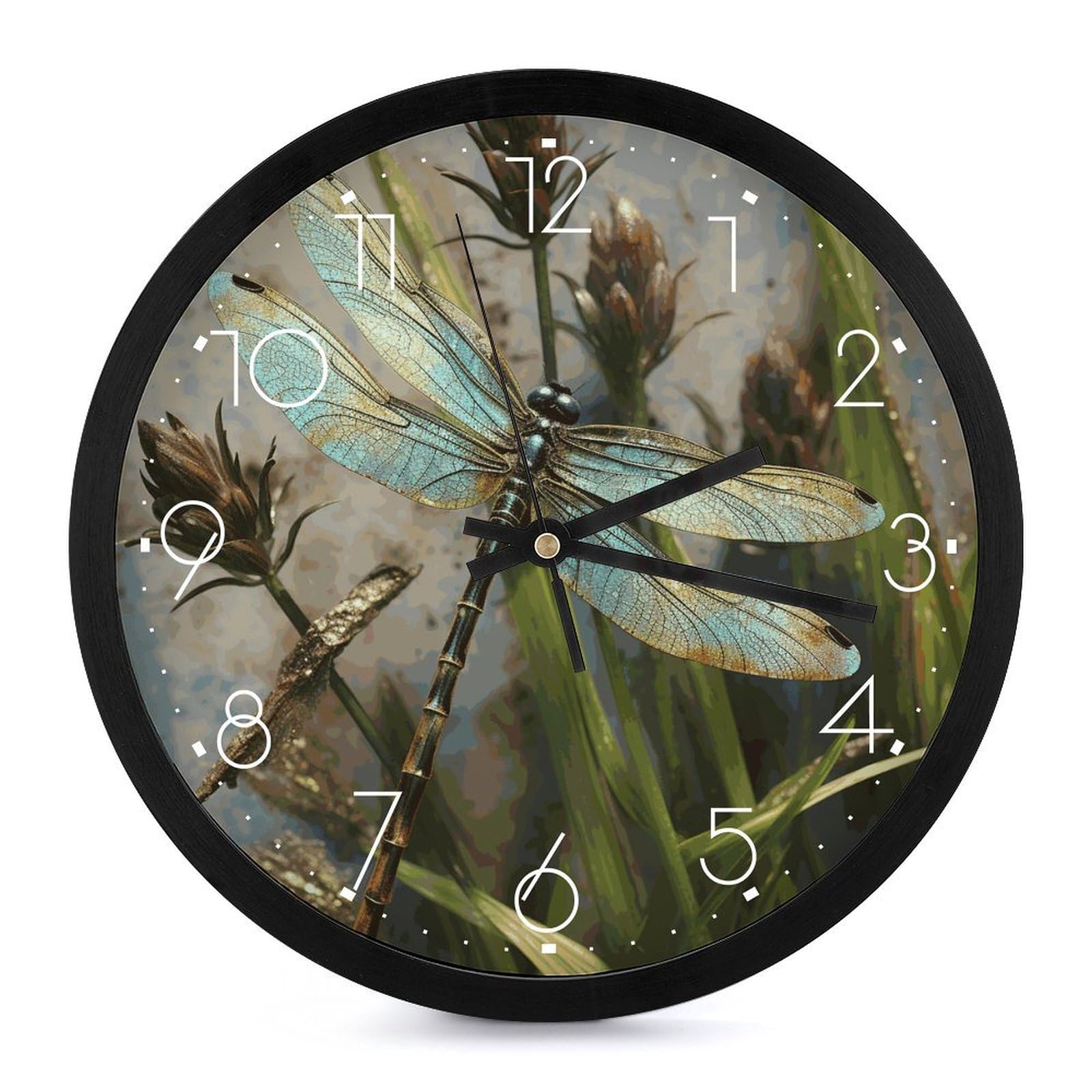 Horloge murale décorative à piles motif libellule montre moderne ronde