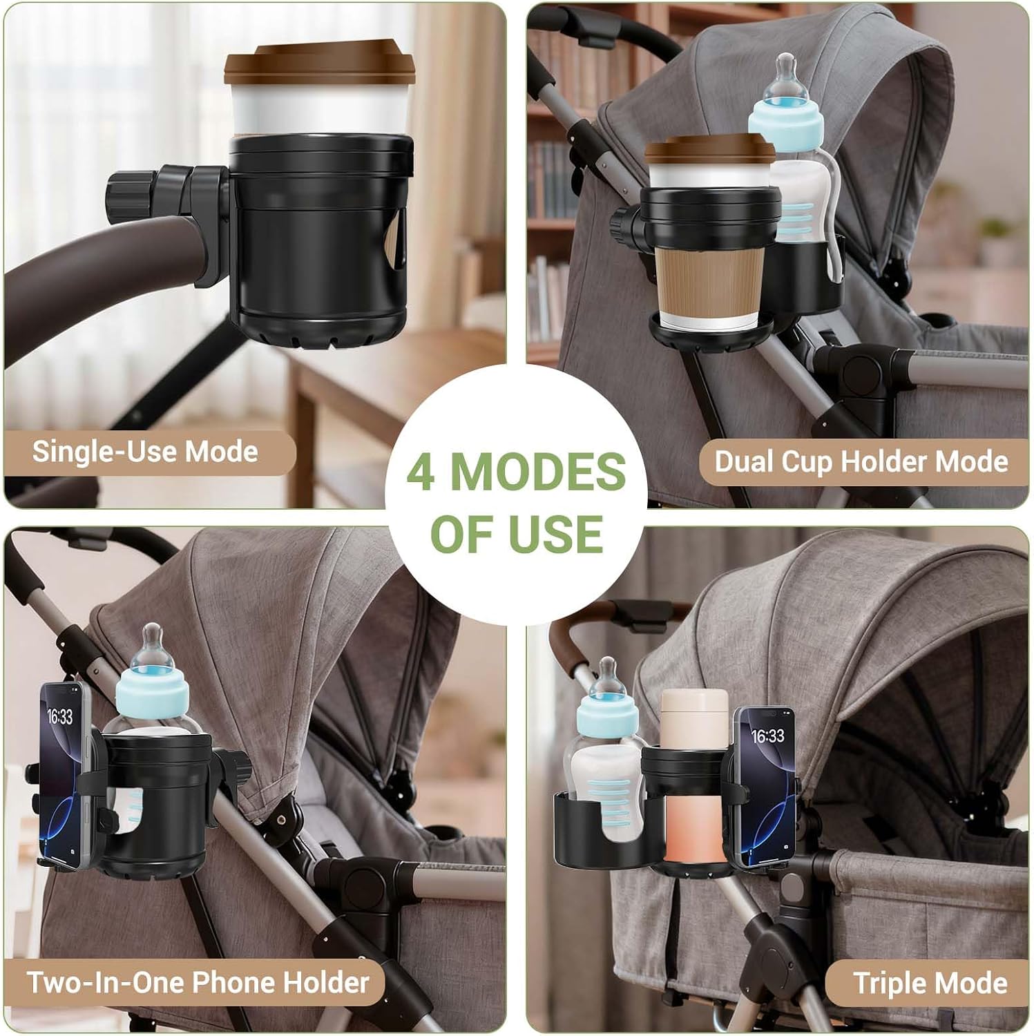 ZealSound Stroller Cup Holder, 3-in-1 Bottle Holder with Phone Holder for Wheelchair, Stroller, Bike, Walker, Scooter, 360° Rotatable Drink Holder for Uppababy, Bugaboo, Nuna, Doona
