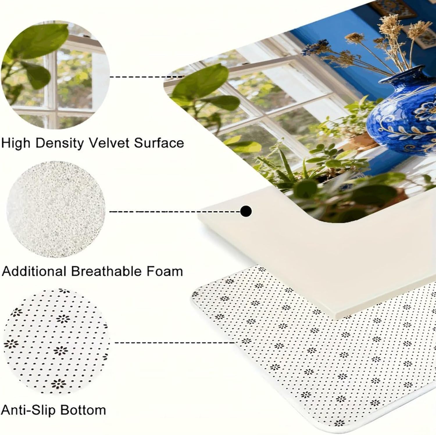 Bohemia Blue Kitchen Rugs Sets of 3 Non Slip Kitchen Mat for Floor Comfort Standing Rug and Mats Thick Cushioned Long Area Carpets for Laundry Room Entryway