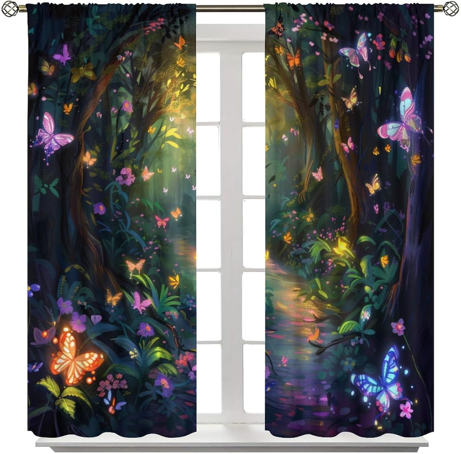 Forest Butterfly Garden Blackout Curtains for Bedroom Living Room, Floral Leaves Plant Nature Thermal Insulated Curtains Rod Pocket Window Drapes, 2 Panels/Each 21" W x 63" L