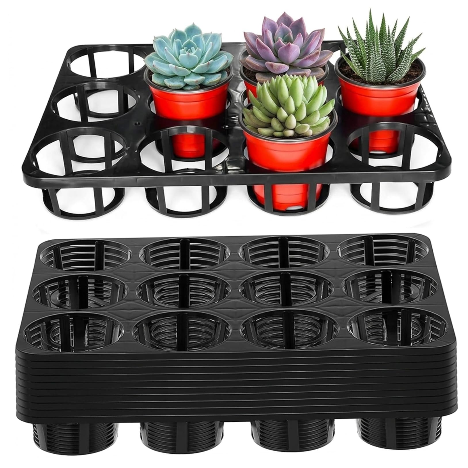 Takingup 12 Holes 12-Cell Plant Trays For Pots, 10 Pack Reusable Nursery Pot Trays For Holding & Transporting 4 Inch Round Pots Planting