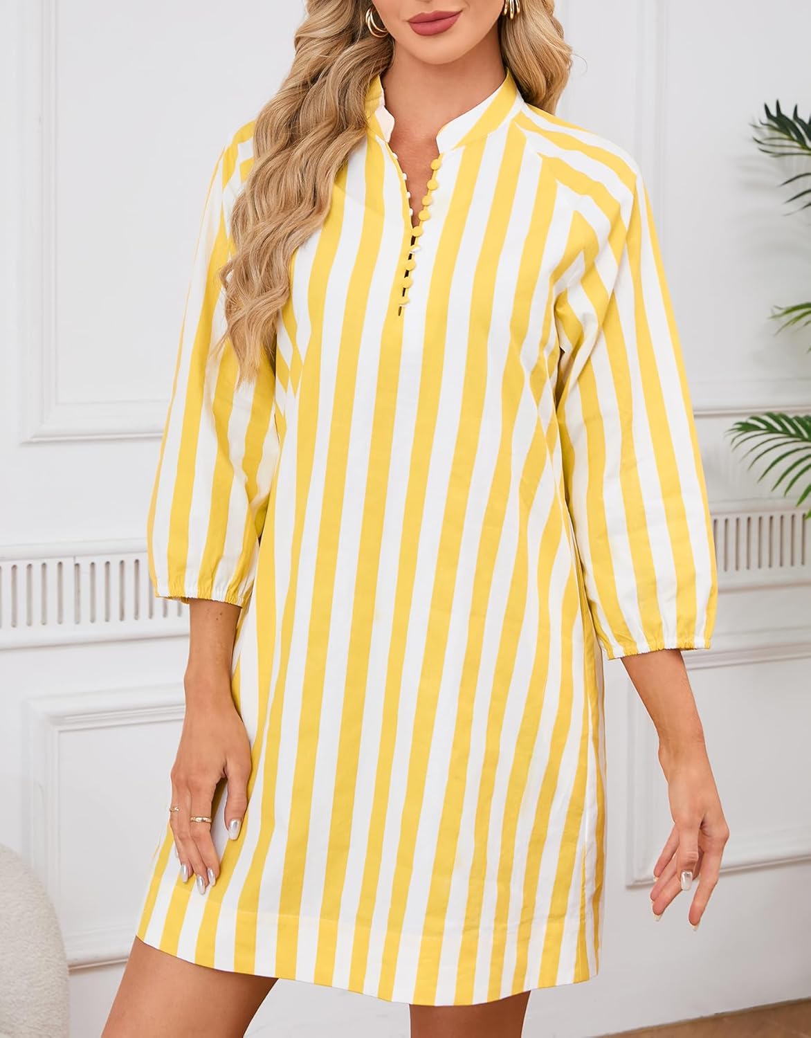 Womens Summer Cotton Striped Mini Dress Casual Beach Vacation Button Down 3/4 Sleeve Tunic Shift Dress