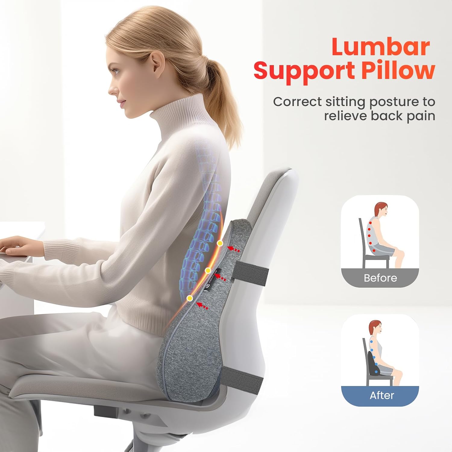 Lumbar Support Pillow for Office Chair, 3 Vibration Modes & 2 Heat Levels Lumbar Pillow, Back Support Pillow with Memory Foam Cushion & Adjustable Straps, Gifts