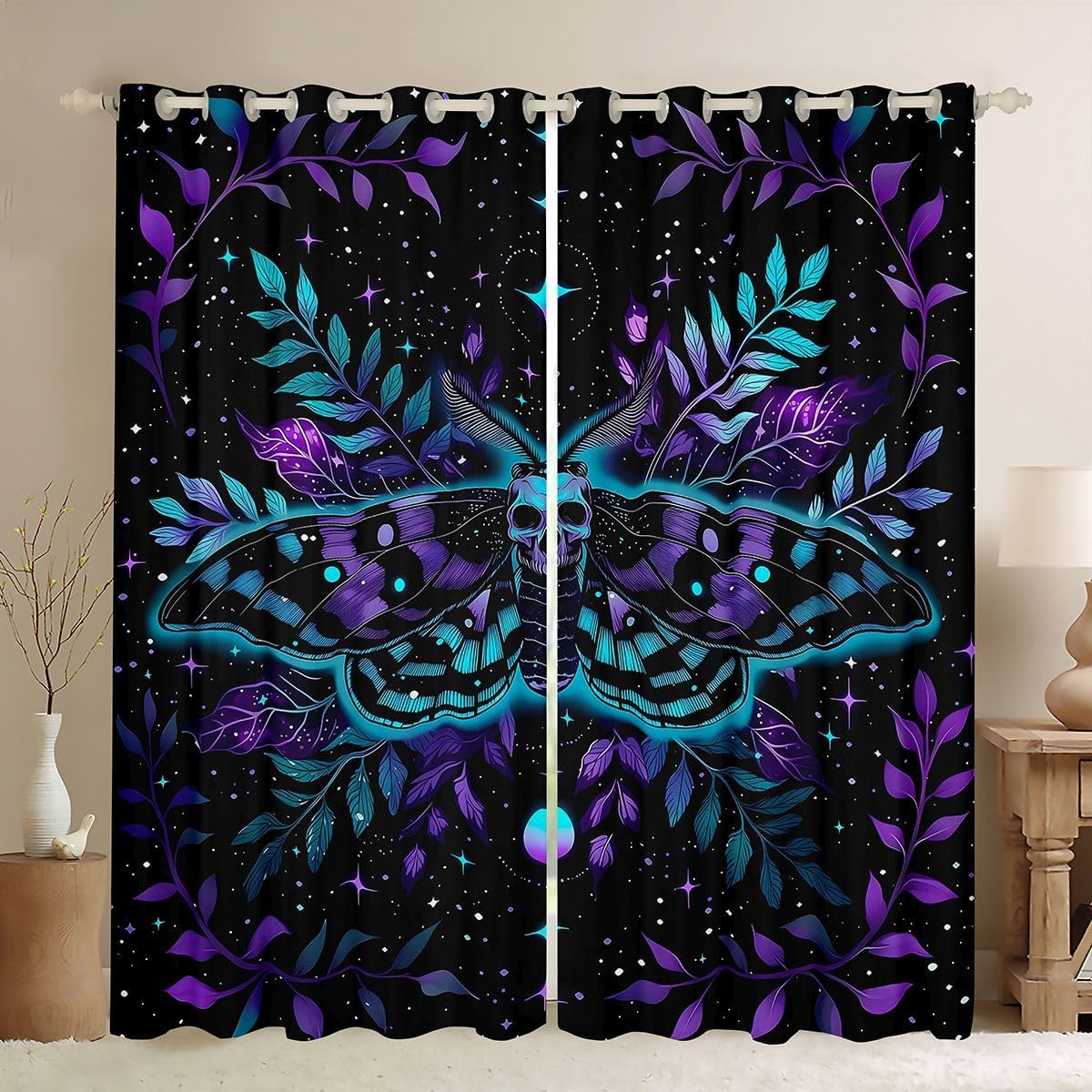 Feelyou Death Moth Blackout Curtains Skull Decor Darkening Drapes for Bedroom Living Room Decor Halloween Decorations Thermal Insulated Shades Boho Moth Window Treatments, 2 Panels 38 x 54 Inch