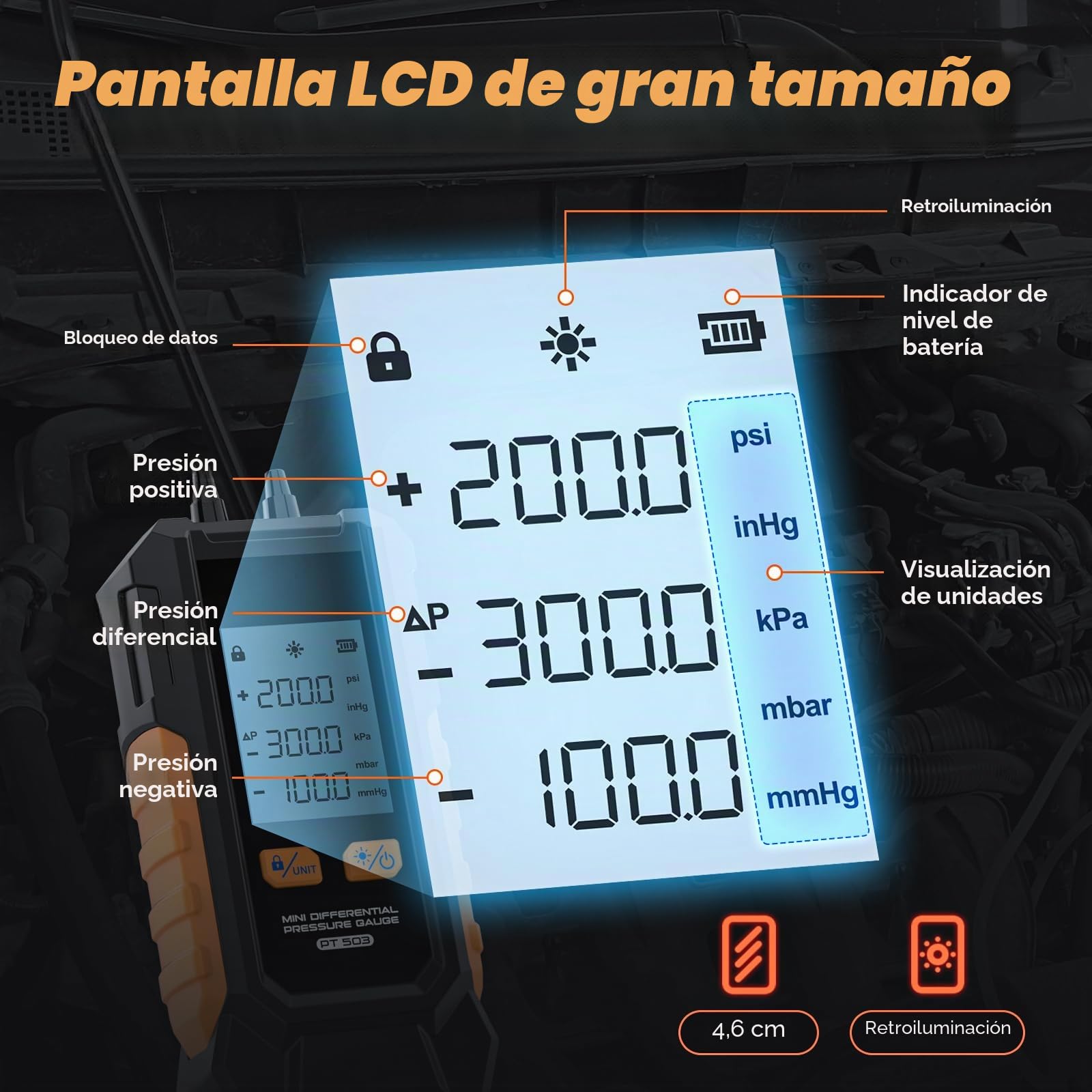 Vacuometro Digital, -101-200 kPa Manómetro ± 0,5% FS de Alta Precisión, 6 Unidades Manómetro Digital Aire Acondicionado, Función de Retención de Datos