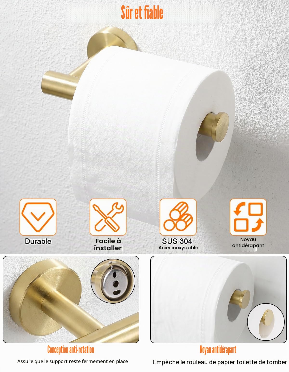 YUET Porte-Papier Toilette en Acier Inoxydable 304 Fixation Murale Support Porte Rouleau Papier Toilette pour Salle de Bain Accessoire de Derouleur Papier Distributeur Toilette WC en Or Brossé