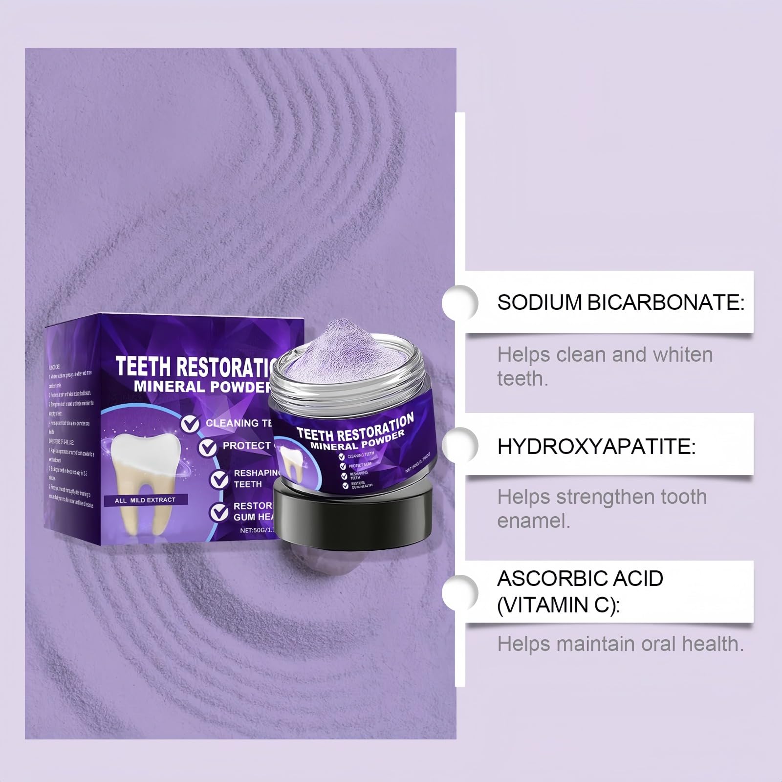 Poudre dentaire de blanchiment des dents efficace pour renforcer les dents et les gencives， dentaire pour la décoloration， minérale pour la réparation des dents