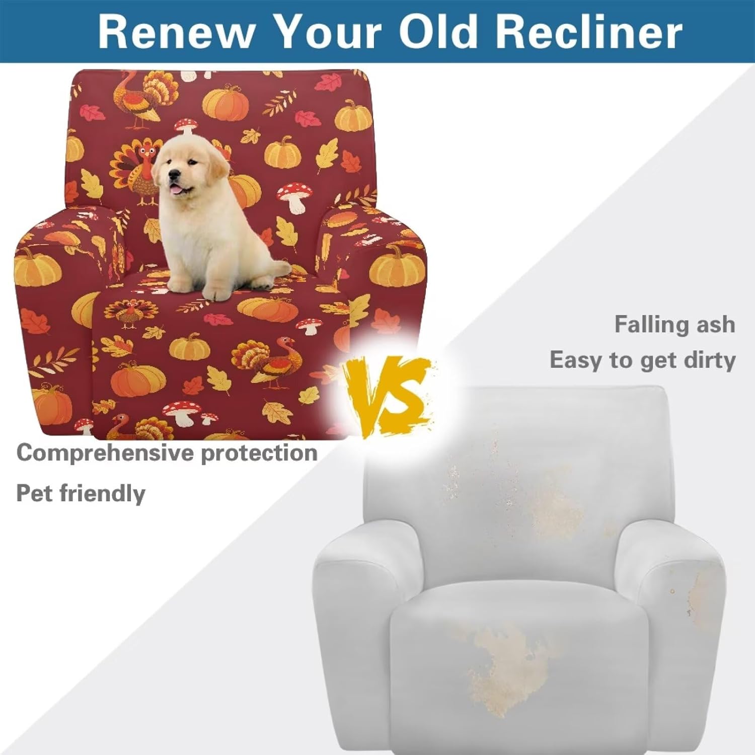 FOR U DESIGNS Turkey Pumpkin Mushroom Leaf Recliner Furniture Covers 4-Piece Stretch Set Non Slip Reclining Sofa Protector with Convenient Pockets Easy Install Washable Cover for Daily Use