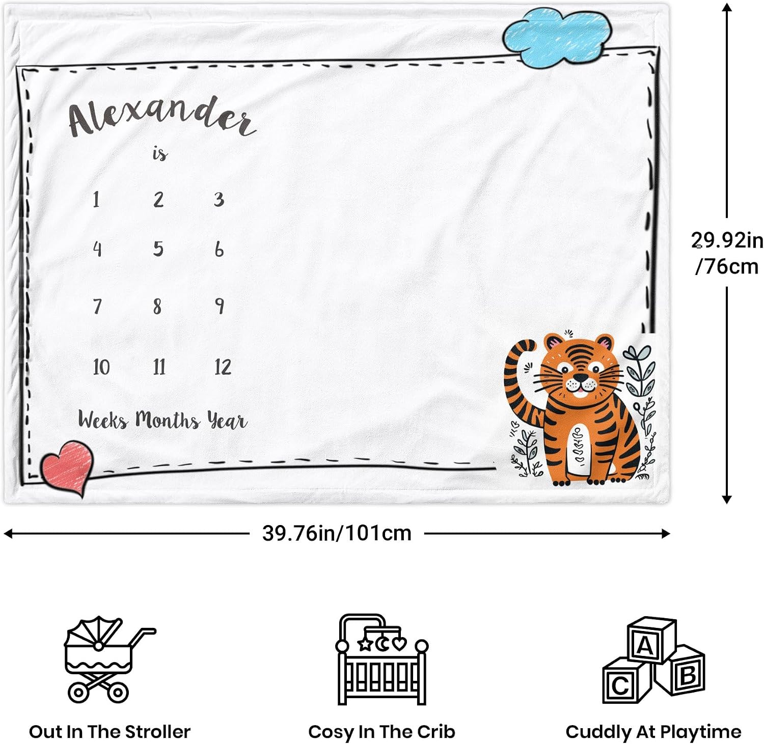 Personalized Baby Monthly Milestone Blanket for Baby Girl Boy with Name Tigger Baby Blanket First Year Calendar Newborn Baby Age Month Blanket with Growth Chart Photo Backdrop 50"x40"