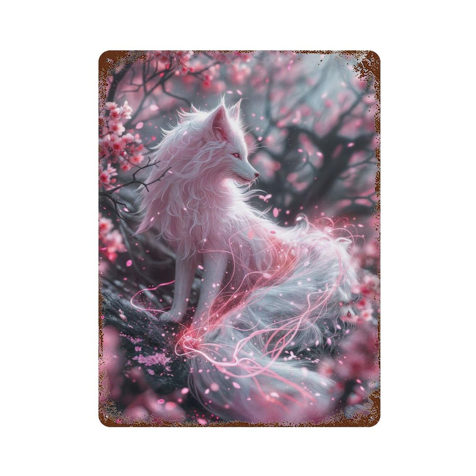 Sakura Kitsune 15.7"x11.8" Rusty Metal Tin Sign, Farmhouse Wall Decor for Office, Studio And Wall Decor