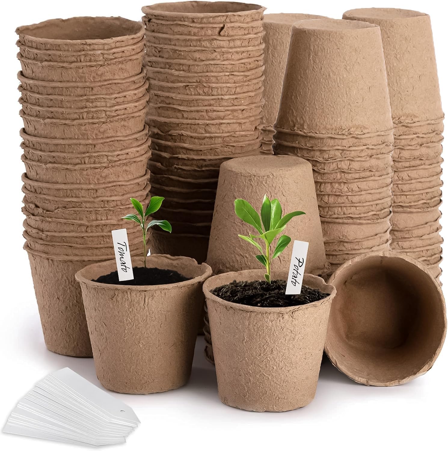 Cedilis 100 Pack 4 inch Peat Pots, Biodegradable Plant Starter Pots with Plant Labels, Germination Station Starter Cups, Disposable Plant Pots for Seedlings, Flowers, Vegetables Seeds