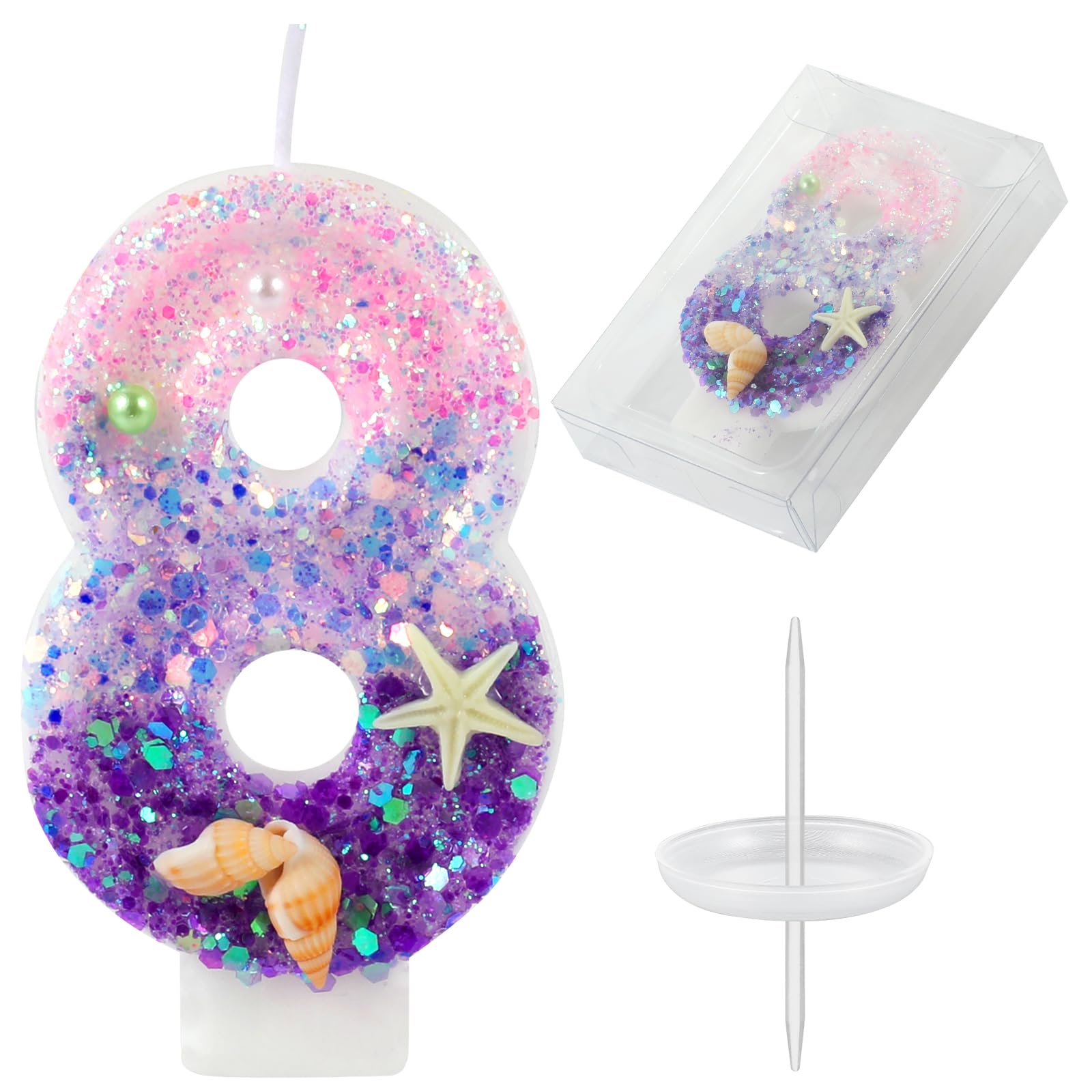 Birthday Candles, Pink and Purple Number 8 Candles Decorated with Conchs Starfish and Pearls for Mermaid Theme Party Cake Topper Supplies (Number 8)