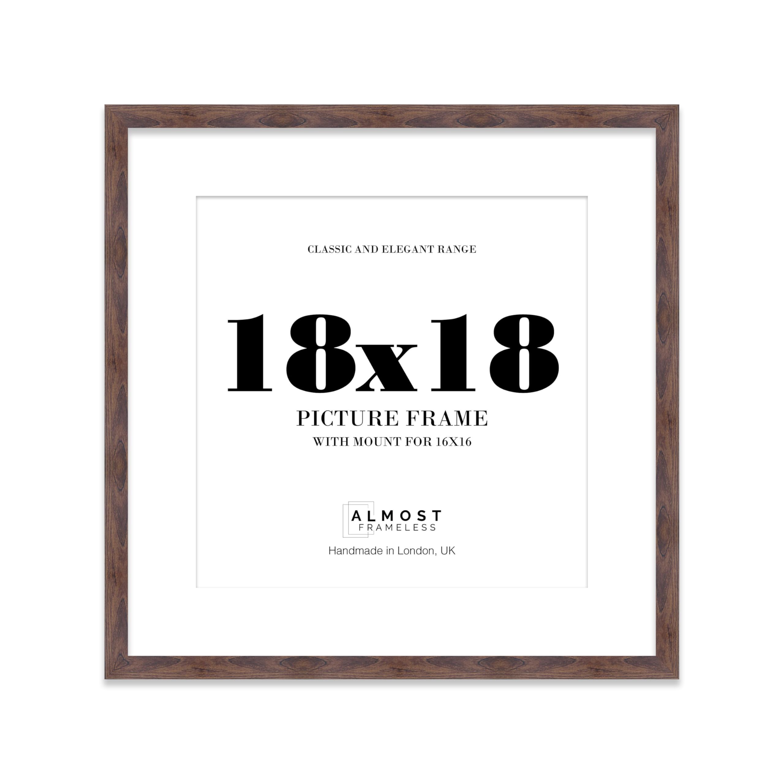 18x18 Walnut Picture Frame with Mount for 16x16 Photos, Prints - Modern Square Wall Frame, 1 Pack