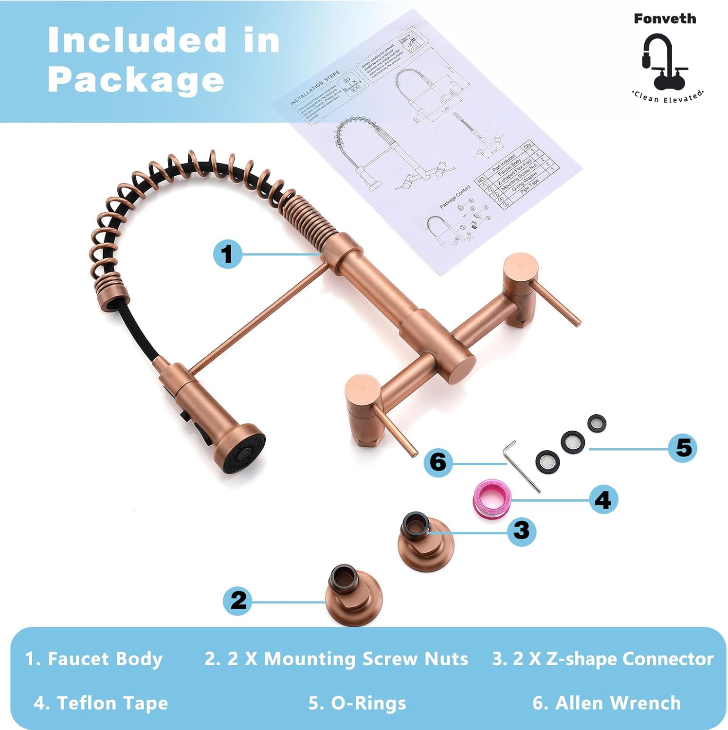 Wall Mount Kitchen Faucet Copper, 8 Inch Center Wall Mount 360° Rotation Kitchen Sink Faucet Rose Gold with Pull Down Sprayer with Sprayer