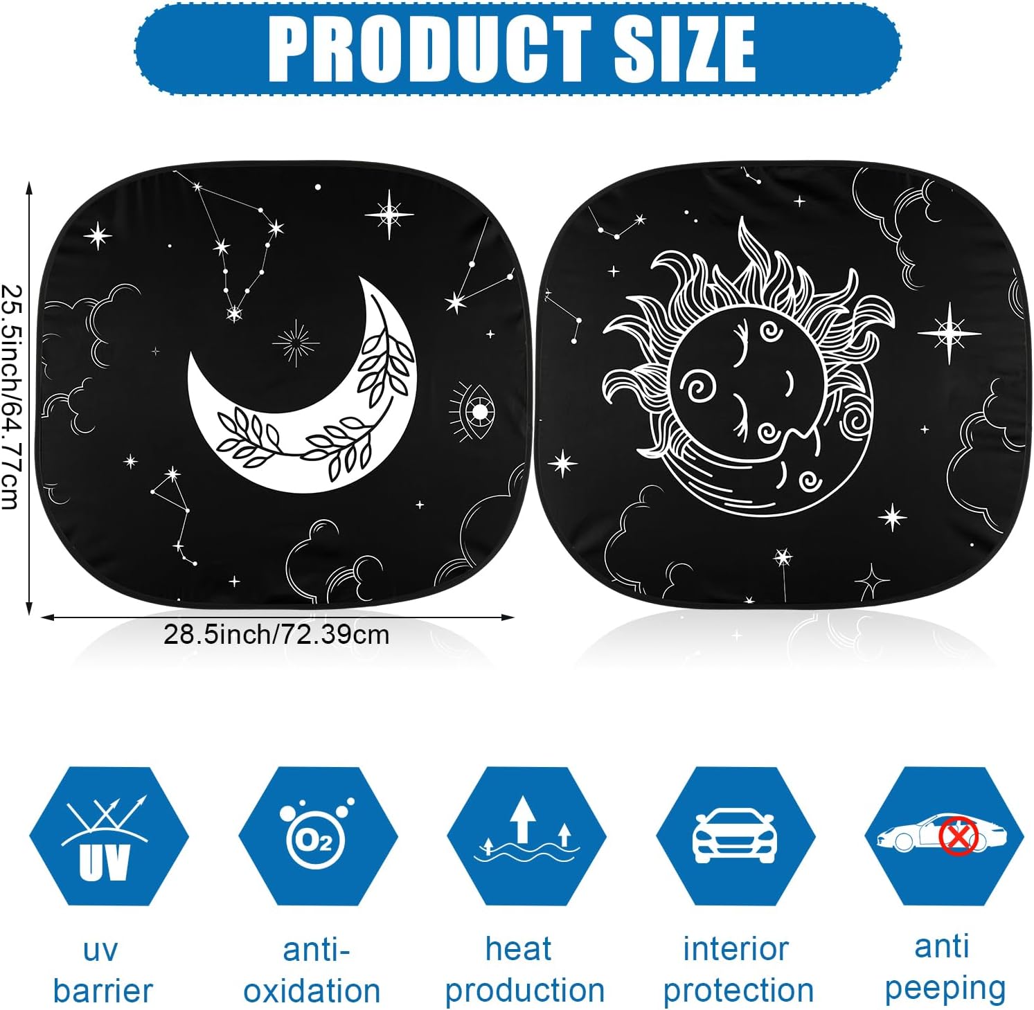 2 PCS Star Moon Windshield Sun Shade for Car Foldable Window Covers for Car Accessories Reflect UV Sun Heat Protector for Universal Cars SUV Truck(Classic Style)
