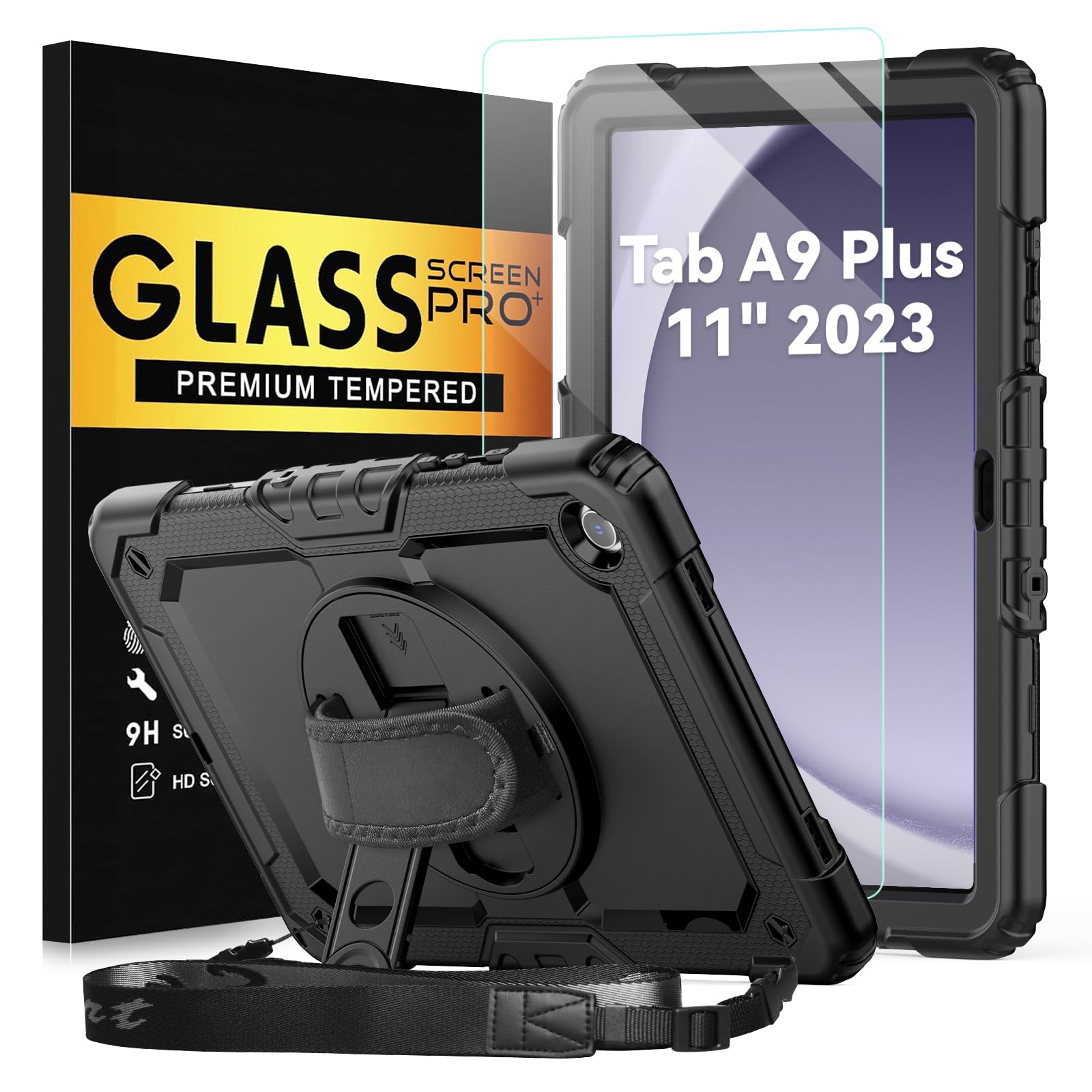 Bundle of Case for Samsung Galaxy Tab A9 Plus 11 Inch 2023 with Tempered Glass Screen Protector Pencil Holder,BLOSOMEET Galaxy A9+ Plus Tablet Case with Shoulder Strap Hand Strap&Stand,Black