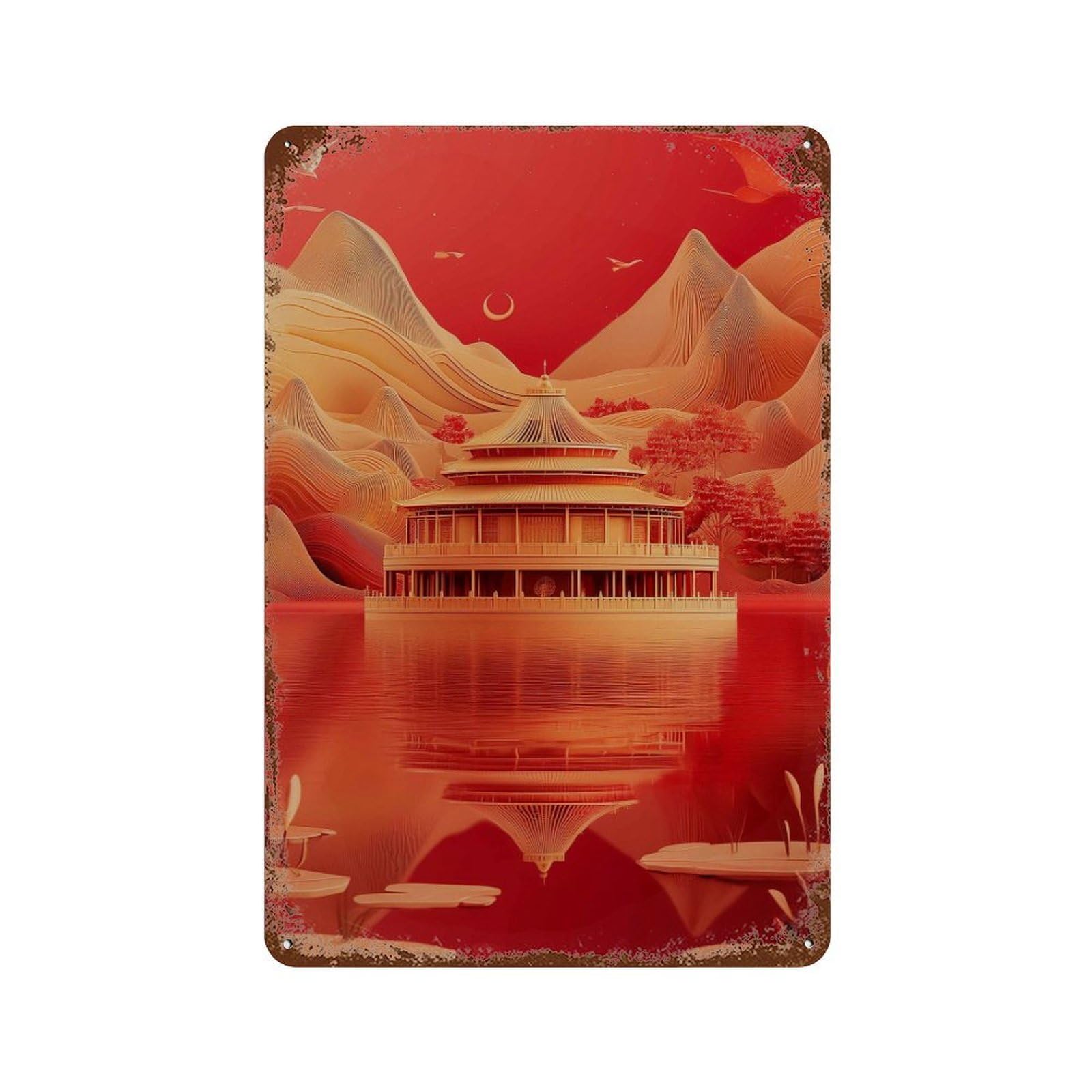 xiaoxiaoshen Red Temple Lake Landscape Asian Pagoda Minimal Mountain Water Reflection Wall Decor Art Metal Tin Poster Modern Home Decor Art Home Bar Shop Decorations Vintage Sign 30x20cm