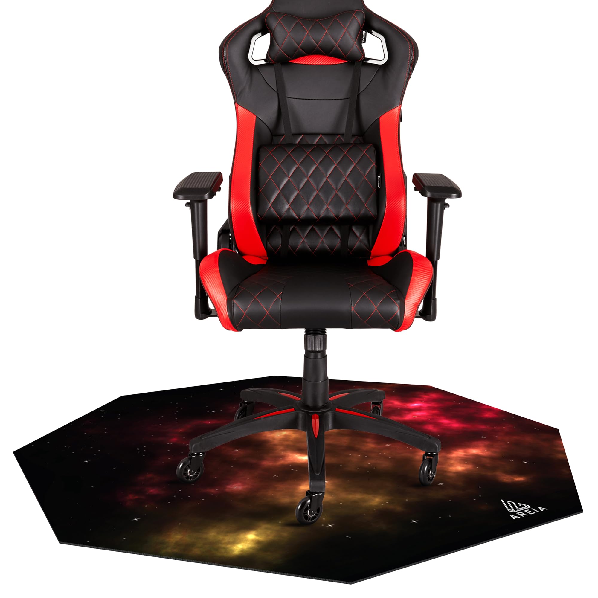 AREIA Gaming Chair Mat for Hardwood Floor - 47" x 47" Anti-Slip Noise Canceling Octagon Gaming Floor Mat & Computer Chair Mat - Office Chair Mat for Home Gaming Room Floor Protector, Red Orange Stars
