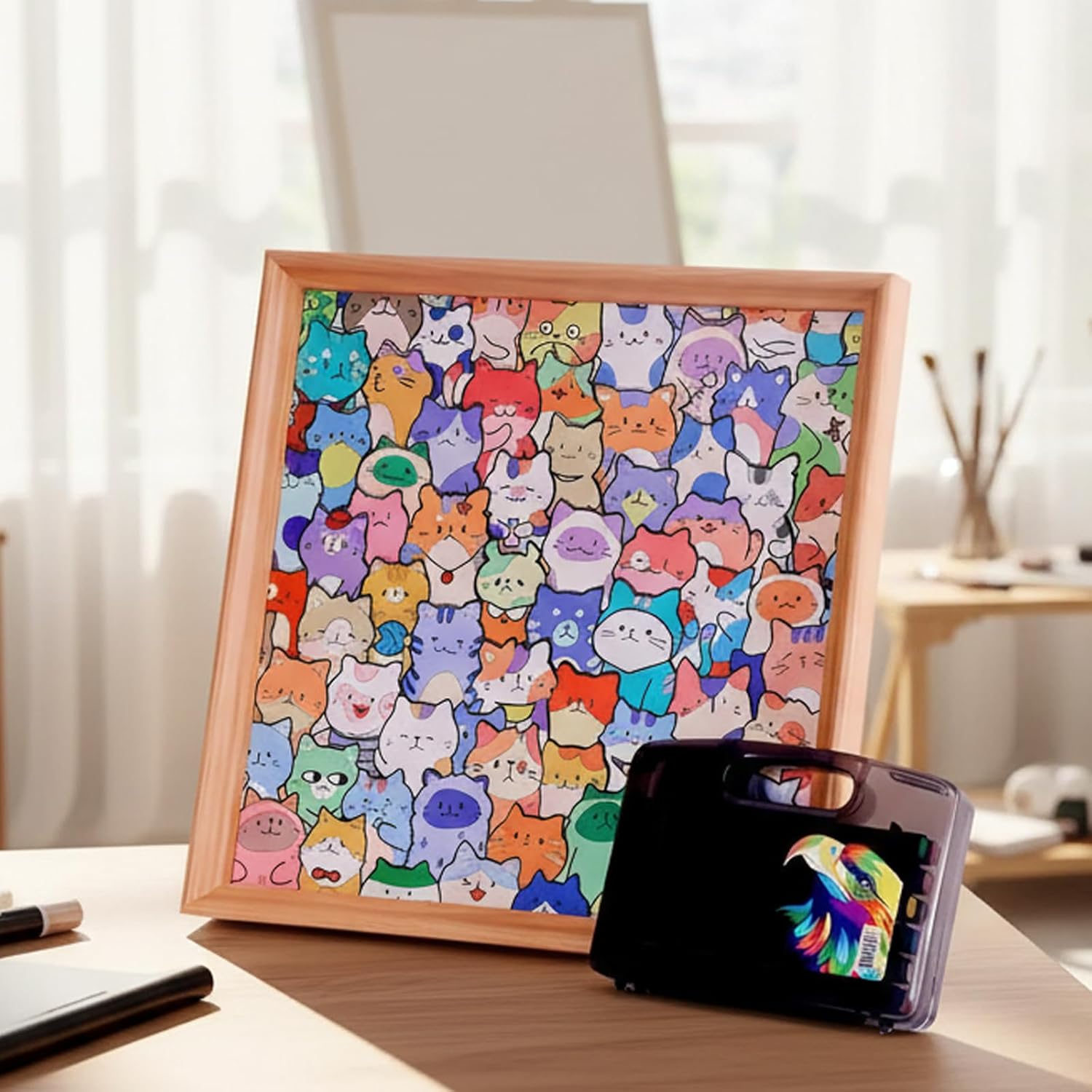 DIY Wooden Cat Puzzle Frame, Colored Cat Shaped Wooden Jigsaw Puzzle, Creative Paintable Puzzle Photo Frame, for Home Decoration and Self-Made Gift (with 12-Color Pens)