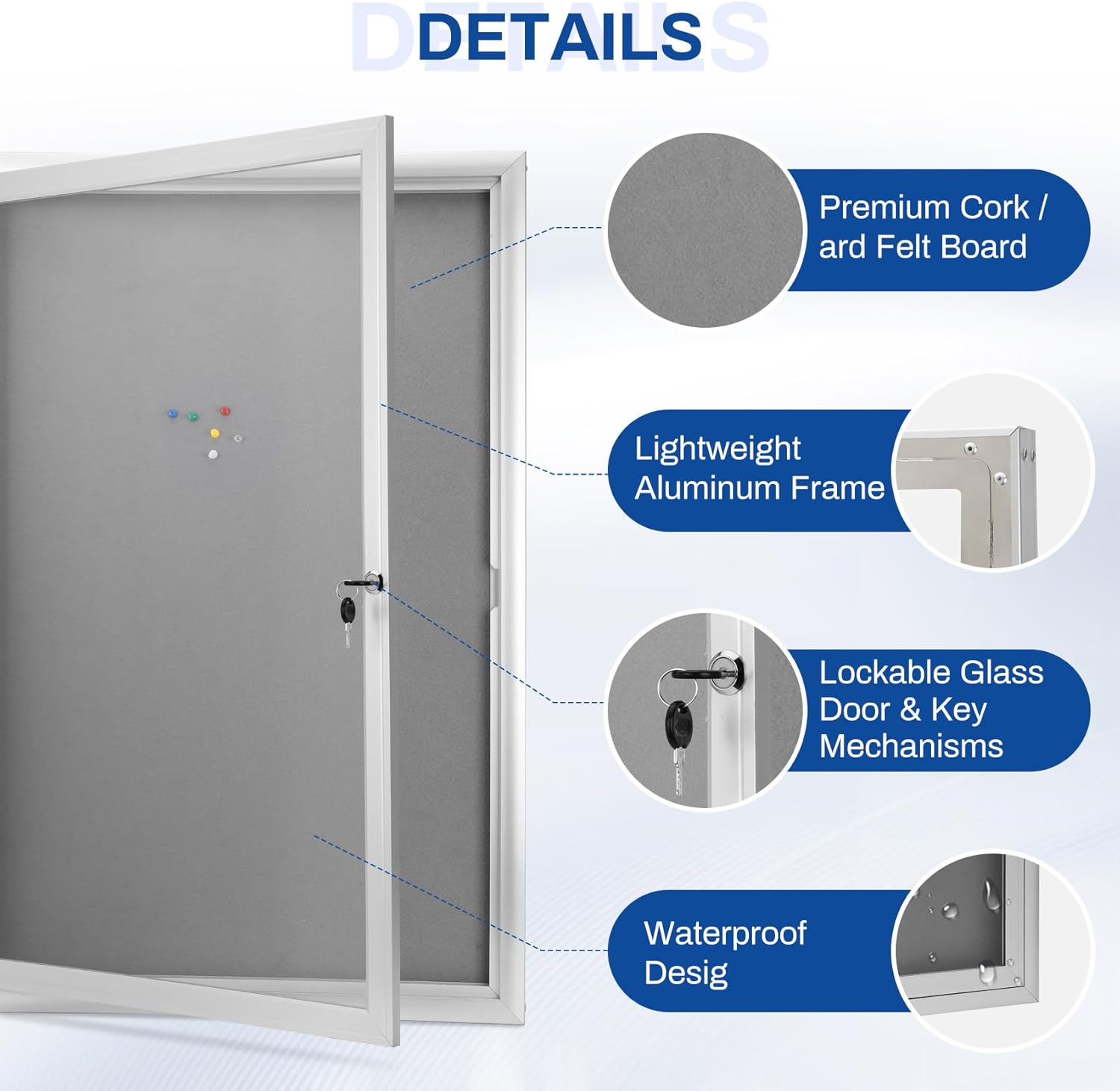 36"x24" Outdoor Enclosed Bulletin Board with Locking Door, Tamper-Proof Dispaly Case, Aluminium Frame, Outdoor Bulletin Board Weatherproof, Lockable Cork noticeboard for School,Office,etc