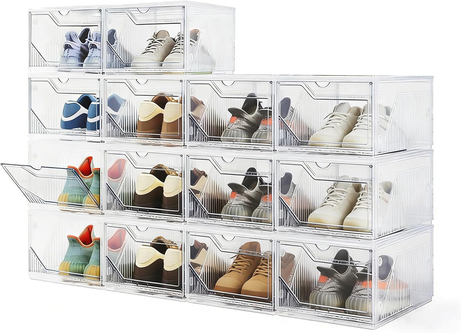 BROVIEW XX-Large Shoe Sneaker Storage Boxes for Size 14, Stackable & Thicken Clear Plastic Shoe Organizers 14 Packs for Entryway Closet Under Bed, Shoe Storage Cabinets Container Display Case