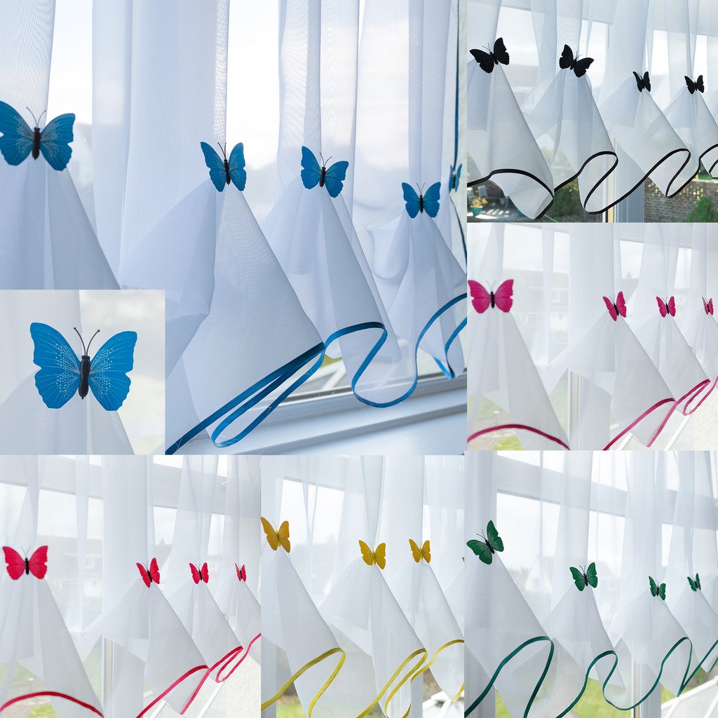 John Aird Butterfly Voile Curtain With Matching Piping (Blue, 55" Wide x 47" Drop)
