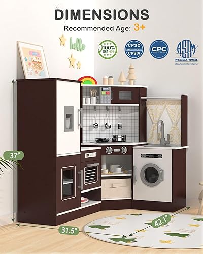 Miniatura 6 de Babytronic Juego de cocina de madera de esquina para niños con luces y sonidos, juego de cocina con estufa, microondas, máquina de hielo y