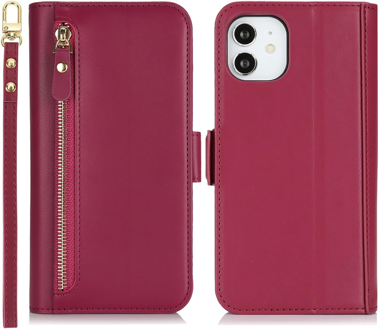 Jaorty for iPhone 12 Pro / 12 Phone Case with RFID Blocking Card Holder for Women Men,Phone Case Wallet for iPhone 12 with Wrist Strap,PU Leather Zipper Pocket Credit Card Slots Flip Cover,Dark Red - Image 5