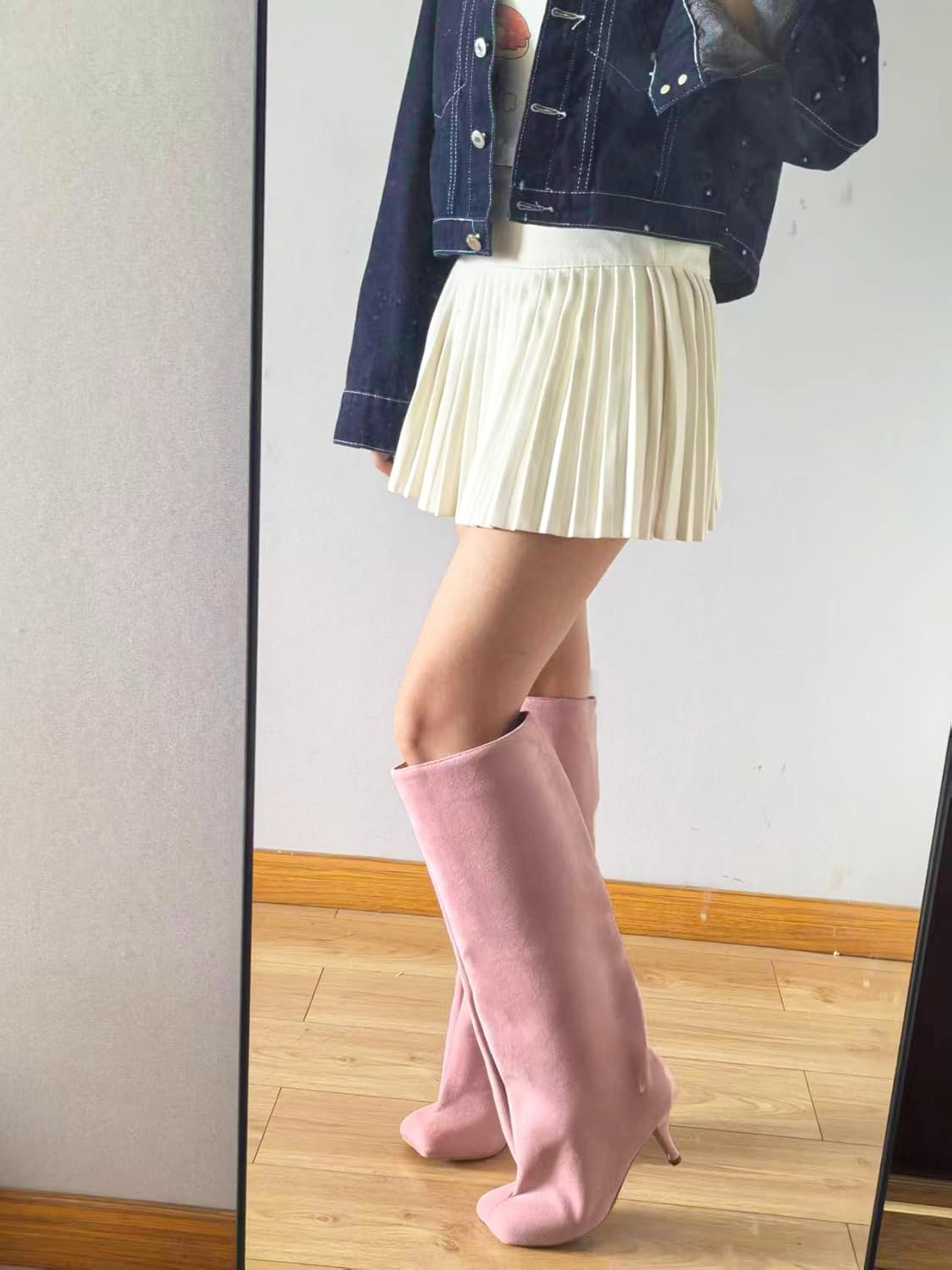 Women's Knee High Boots Nude Suede Wide Calf Stiletto Long Booties Square Toe Pull On High Heel Riding Boots for Women Ladies Fahion Dress Tall Boots