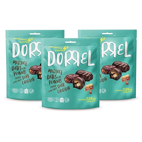 Miniatura 153 de DORREL - Dátiles cubiertos de chocolate negro belga (Medjool) con relleno de cacahuetes salados, aperitivo de chocolate vegano de alta energía