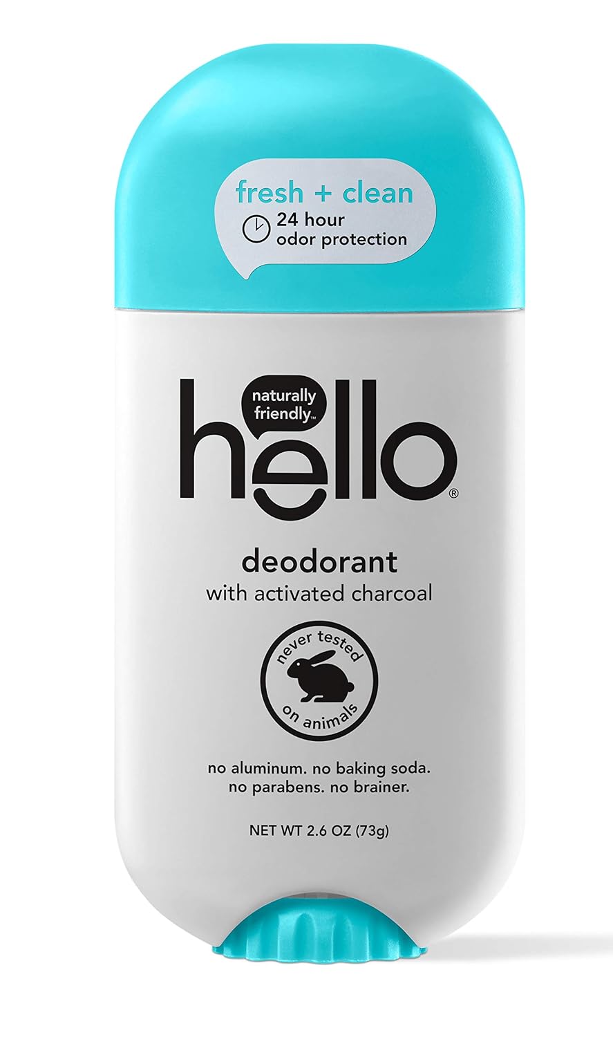 Hello Activated Charcoal Fresh and Clean Deodorant for Women and Men, Aluminum Free, Baking Soda Free, Parabens Free, 24 Hour Protection, 2.6 Ounce