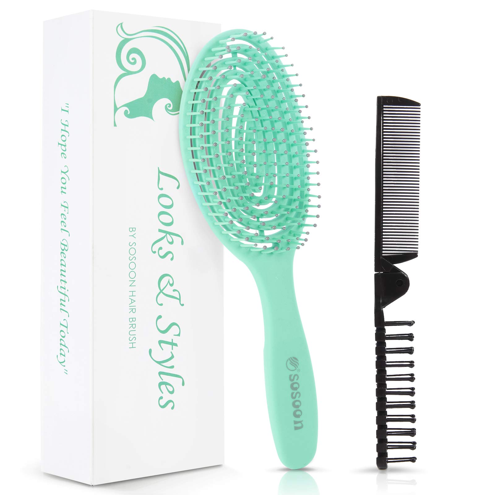 Hair Brush, Vented Quick Blow Dry Hair Comb, Oval Detangling Brush for Women, Men, Kids Wet Dry Hair, Detangle All Hair Types Knots (Green)