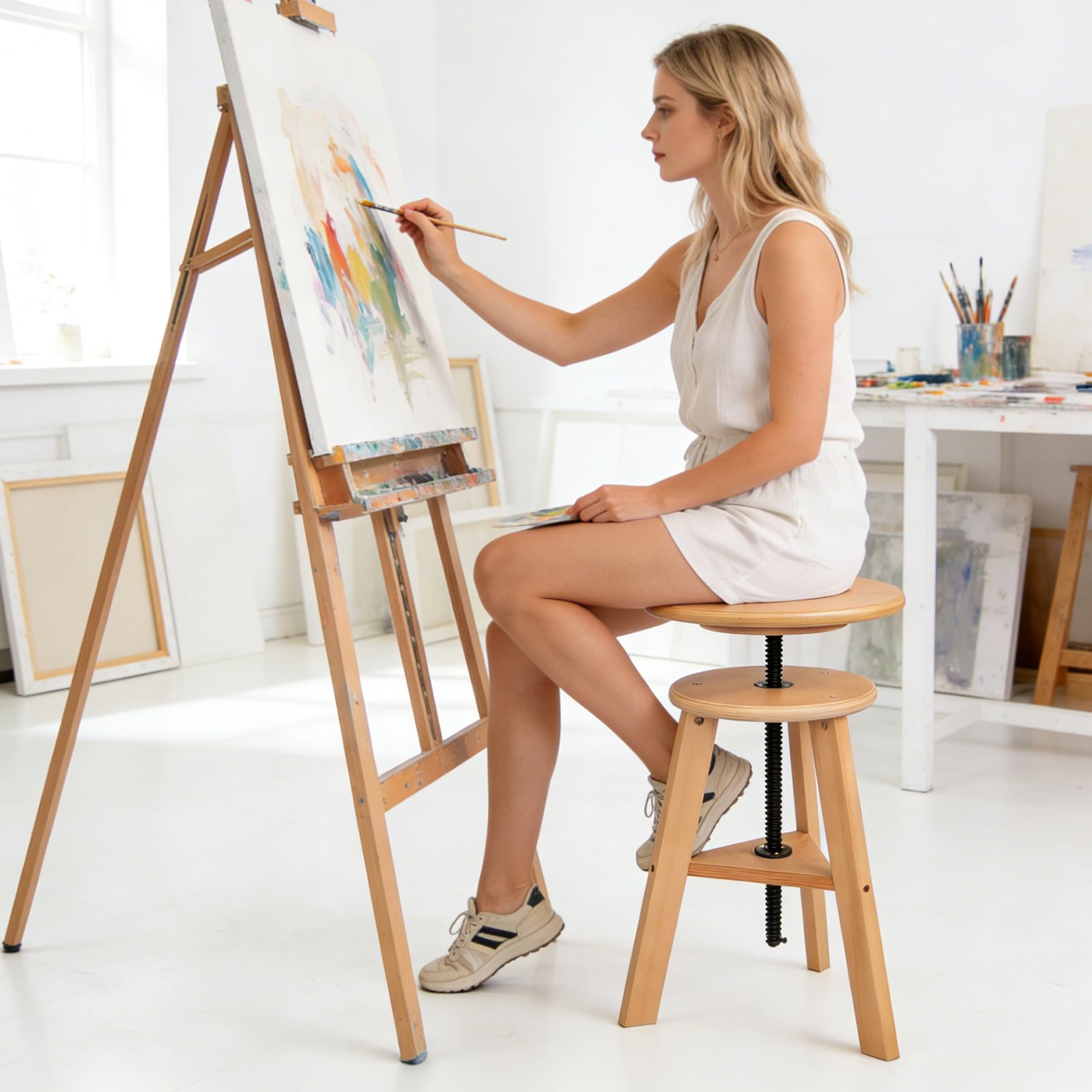 Taburete de dibujo de madera, 48 – 65 cm, altura regulable, taburete de madera de haya | Taburete multifuncional para estudio de artistas, estudio, hogar, bar, cocina u oficina