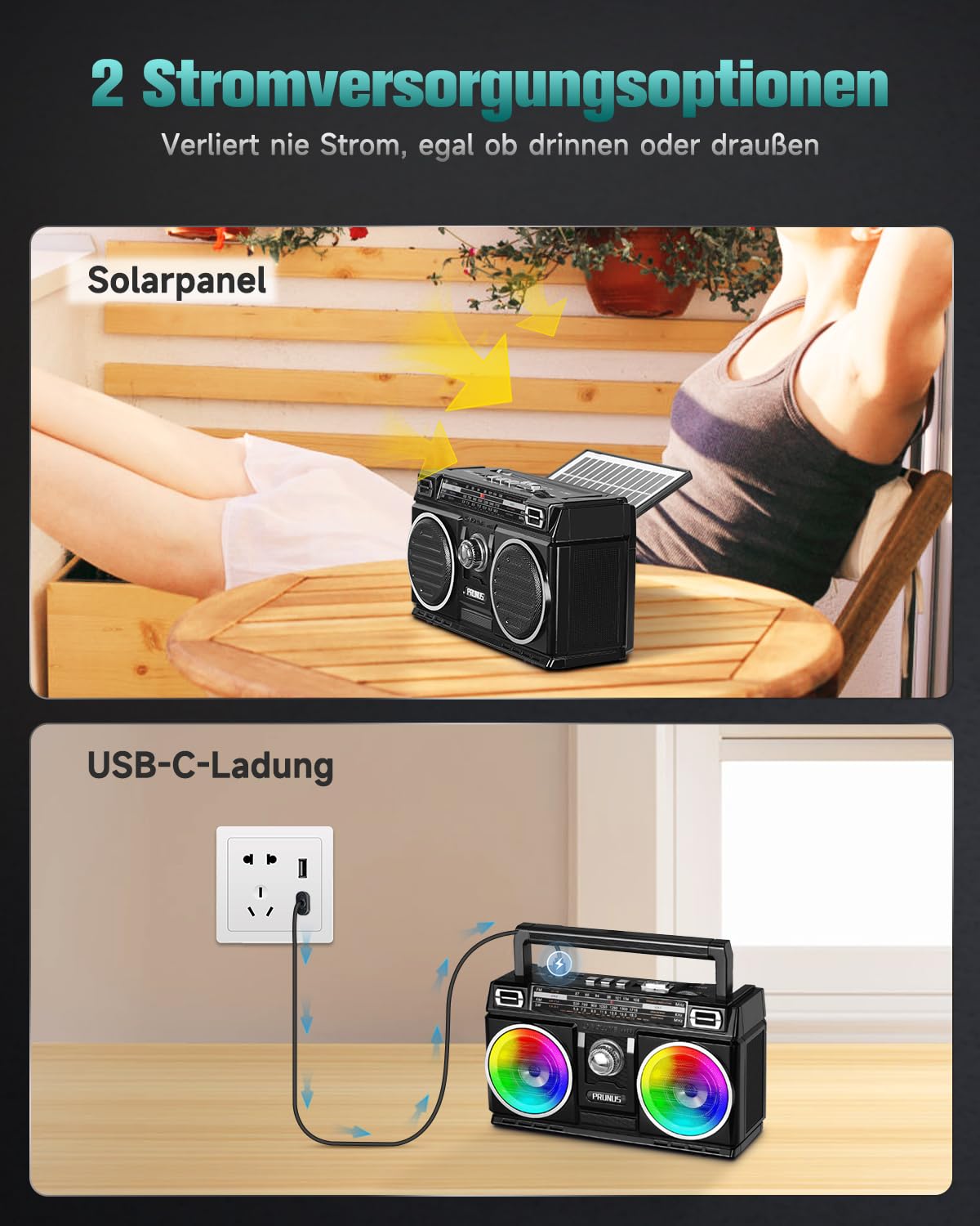 PRUNUS J-750 Retro Radio FM/AM/SW Transistorradio, Tragbares Radio mit 1800mAh Akku, Solar/USB-C Aufladbar, Buntes Licht, Nostalgie Radio mit Bluetooth Unterstützt USB/TF-Karte Spielen.
