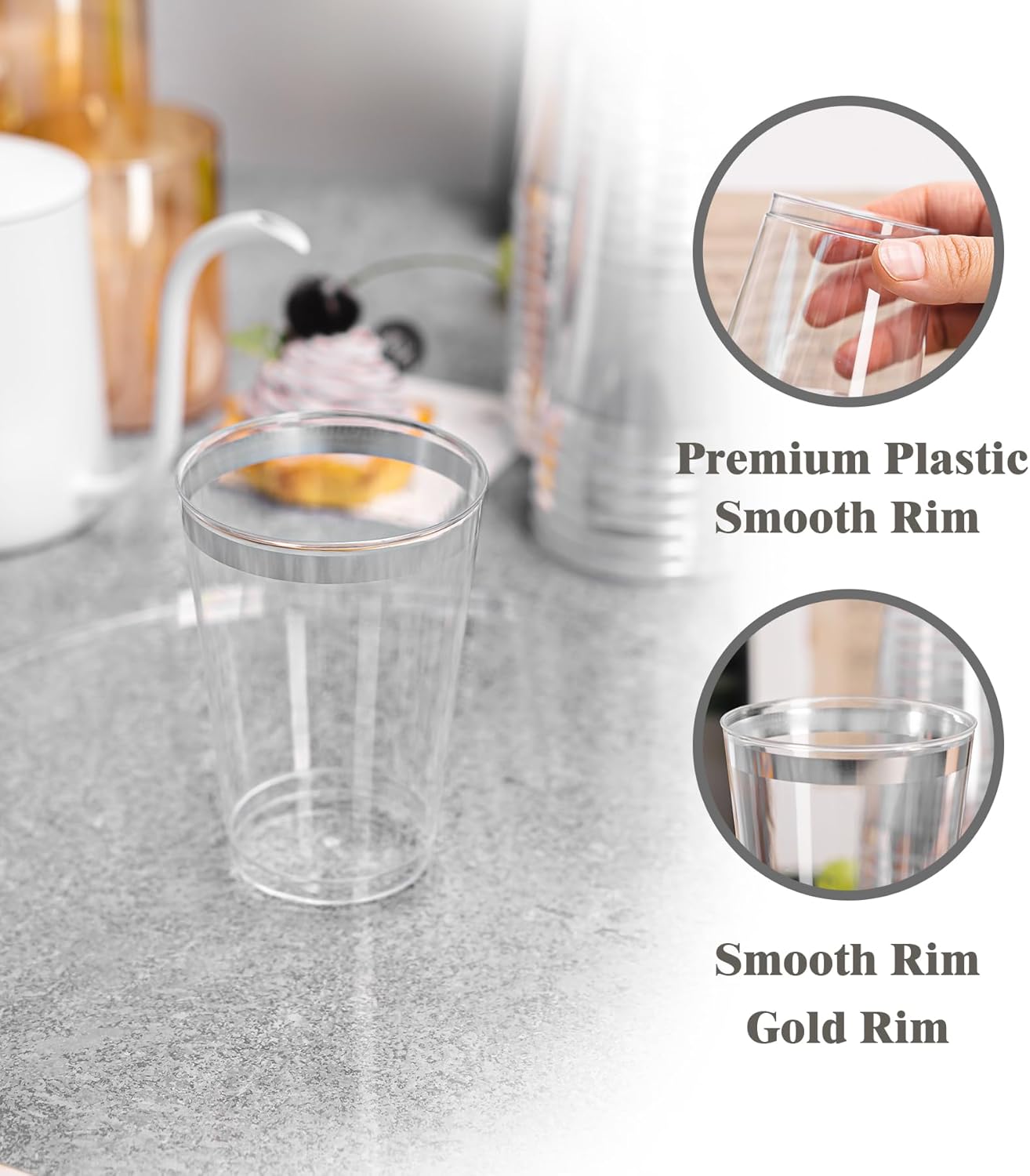 200 Pack Silver Plastic Cups, 12 Oz Clear Disposable Cups with Silver Rim, Heavy Duty Cocktail Cups for Party, Wedding and Daily Use - Image 2
