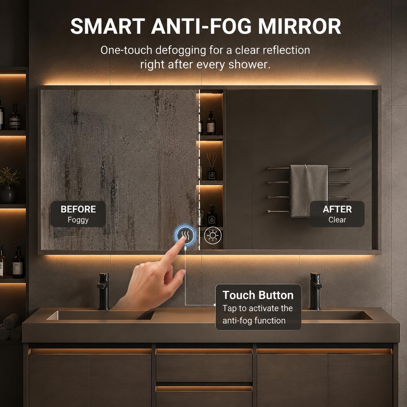 Meuble de salle de bain flottant à double évier de 157,5 cm – Design mural moderne avec évier en pierre et miroir LED | Grand espace de rangement | Construction en bois massif pour salles de bains