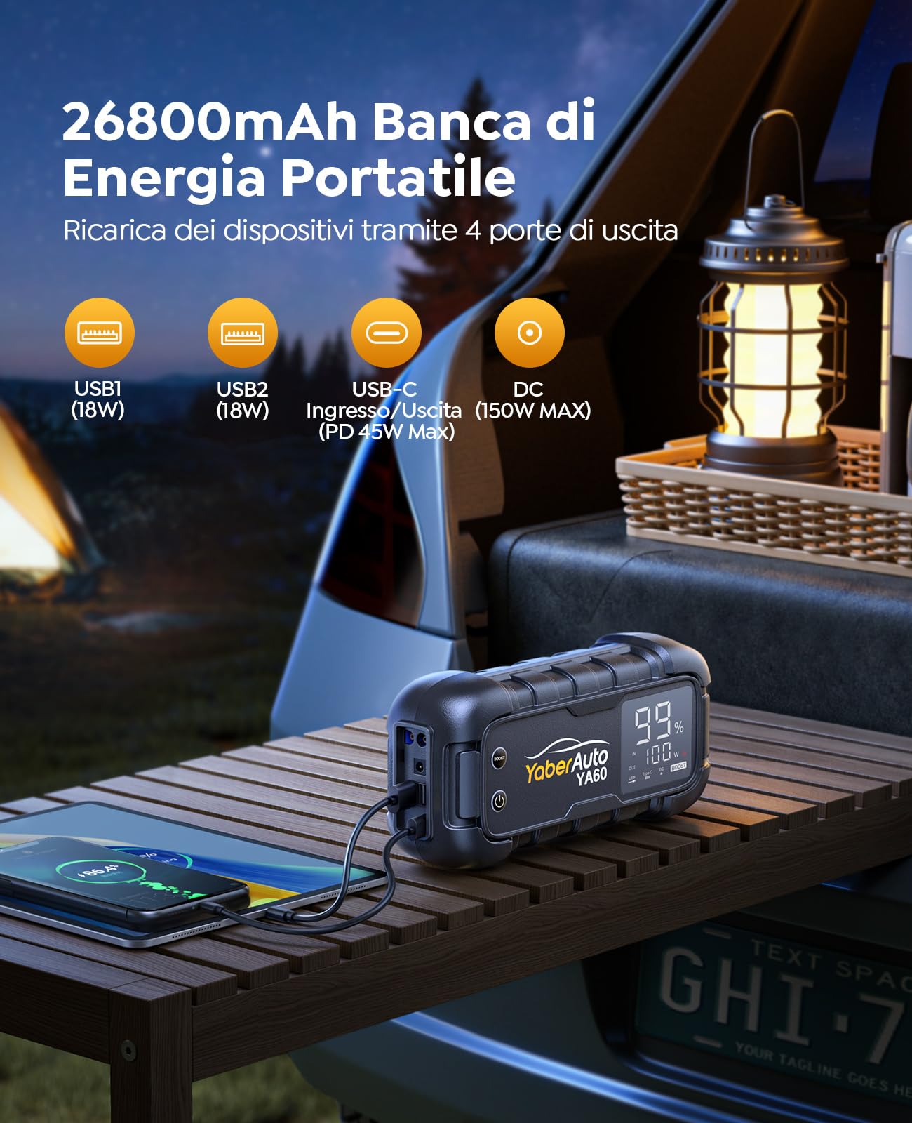YaberAuto Booster Avviamento Auto, 6000A Avviatore Emergenza per Auto/Moto, 12V Starter Batteria Auto (Tutto Benzina e Fino a 12L Diesel) con Grande Display,Ingresso/Uscita da 45W e 2 Porte USB