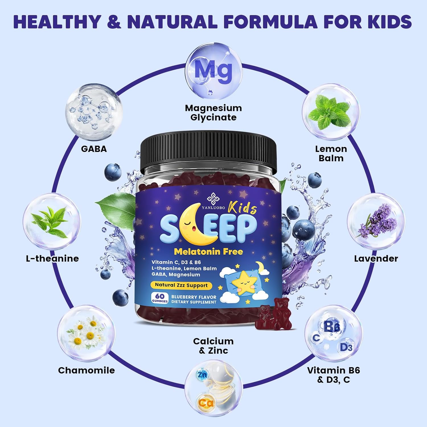 Kids Sleep Gummies Melatonin Free - with Magnesium Glycinate, Lemon Balm, L-Theanine & GABA - Calming Relaxation, Support Natural Sleep, Quiet Mind - Berry Flavor, Non-Habit Forming - Image 3