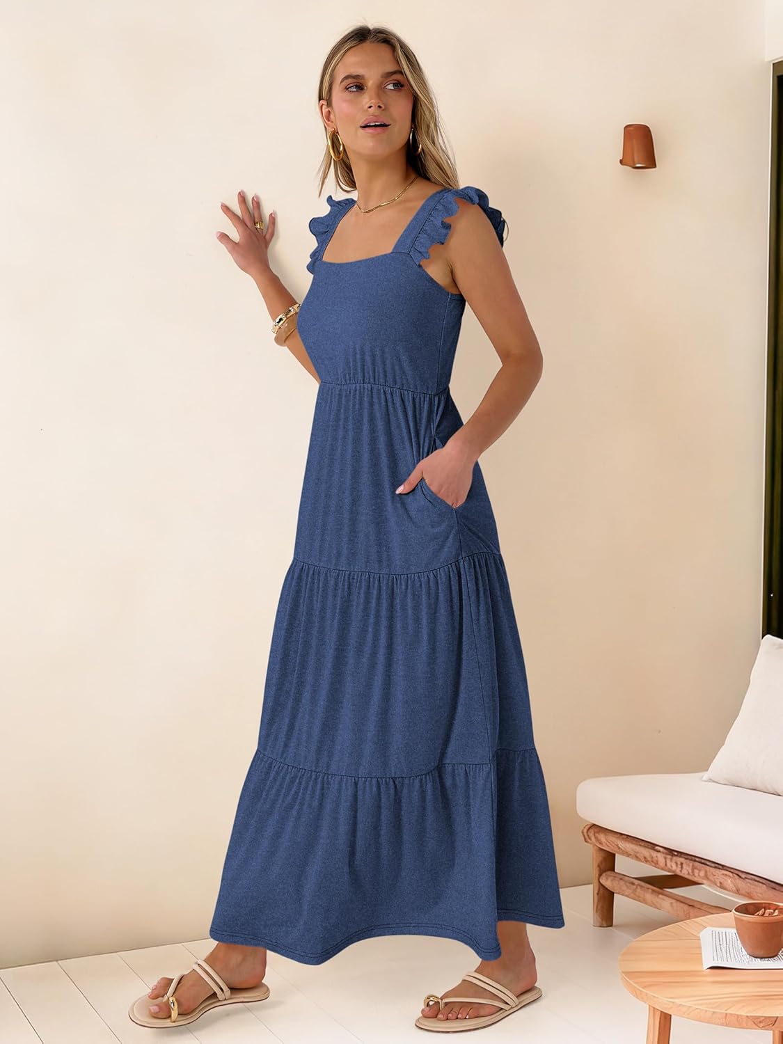 Prinbara Womens Maxi Dress Summer Casual Sleeveless Square Neck Flowy Ruffle Backless Beach 2026 Vacation Boho Long Sundress - Image 3