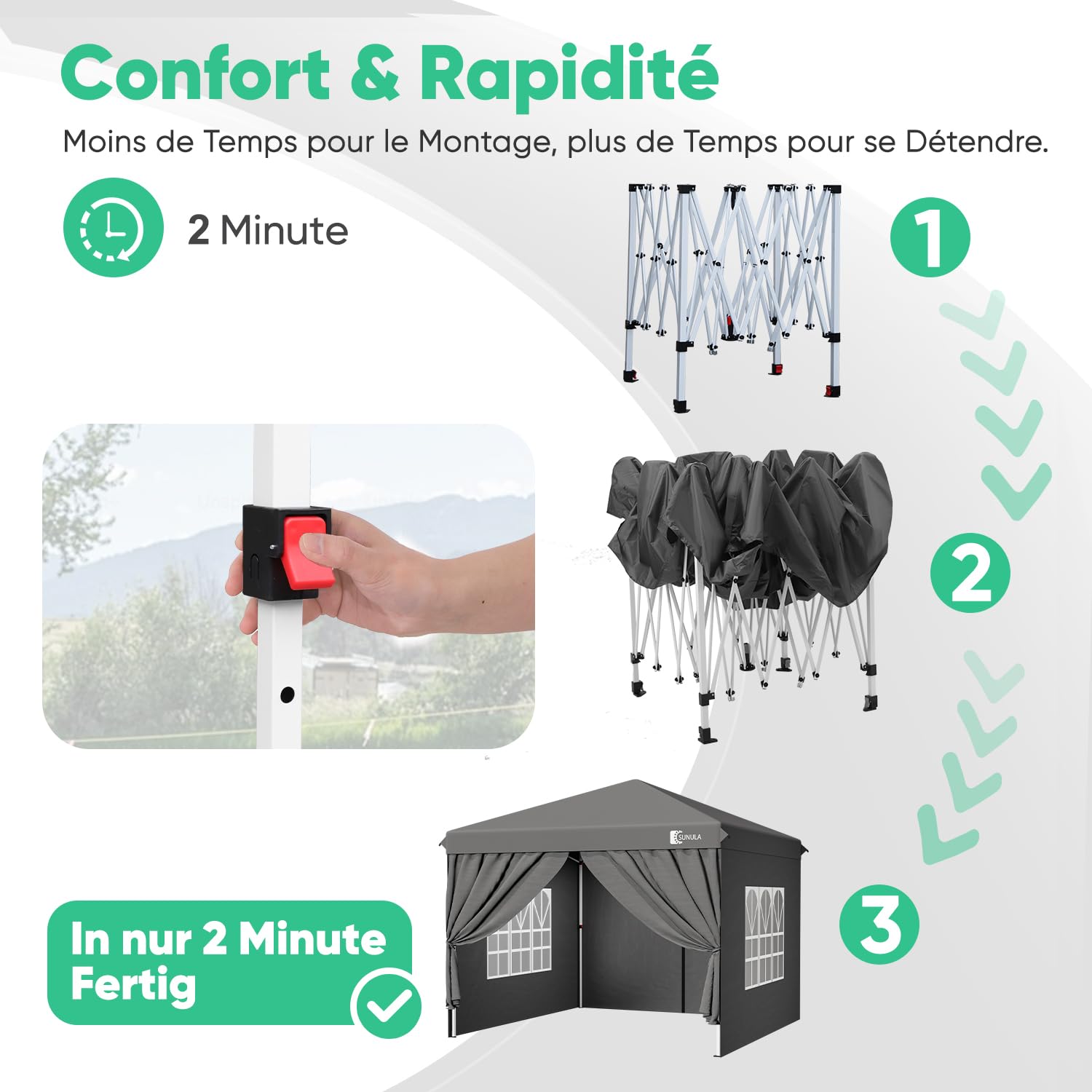 Sunula Tonnelle 3 x 3 m imperméable et stable avec 4 parois latérales, pliable, 3 x 3 m, avec tubes épaissis, tente de réception, tonnelle de jardin, tente pliable, pour camping, festival, fête (Gris)