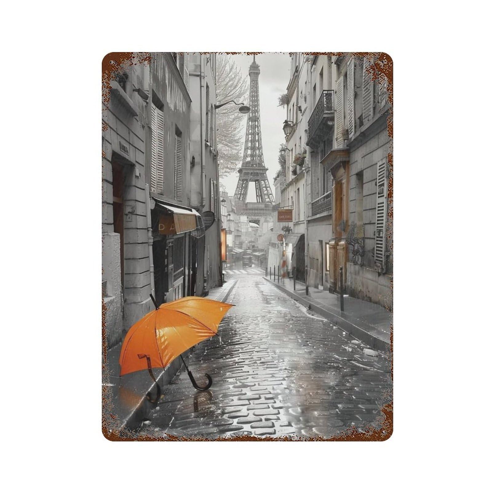 HDURYEYRYY Orange Umbrella Rainy Paris Alley 03 Wall Retro Iron Vintage Art Metal Tin Sign Poster Modern Home Cofffee Club Art Bar Shop Decor 40x30cm