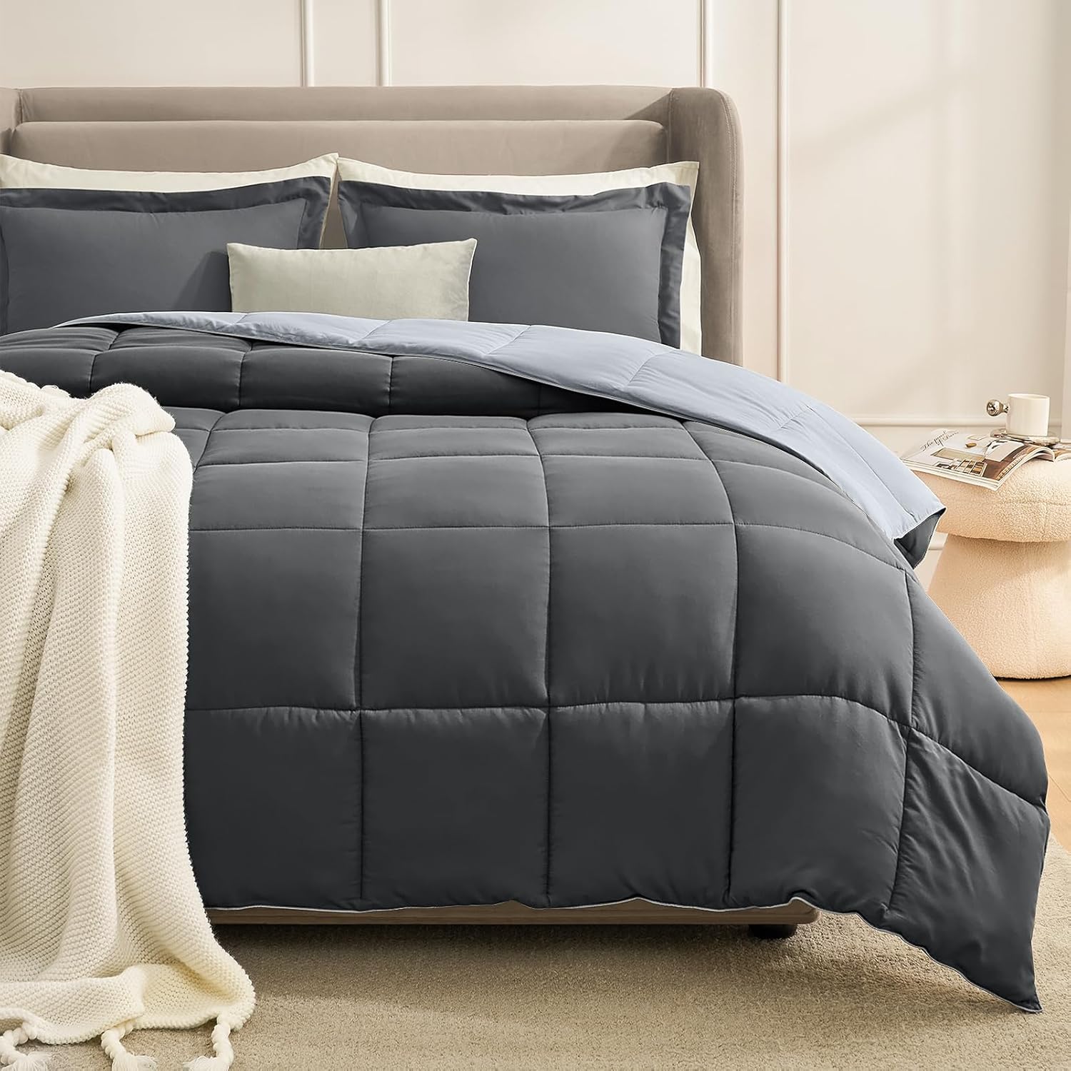 Homelike Moment Twin Comforter Set Grey, Comforters Twin Size Bed Sets, Soft Lightweight Down Alternative Bed Comforter Reversible All Season 2 Piece Set Grey/Light Gray 01-gray/Light Grey Twin