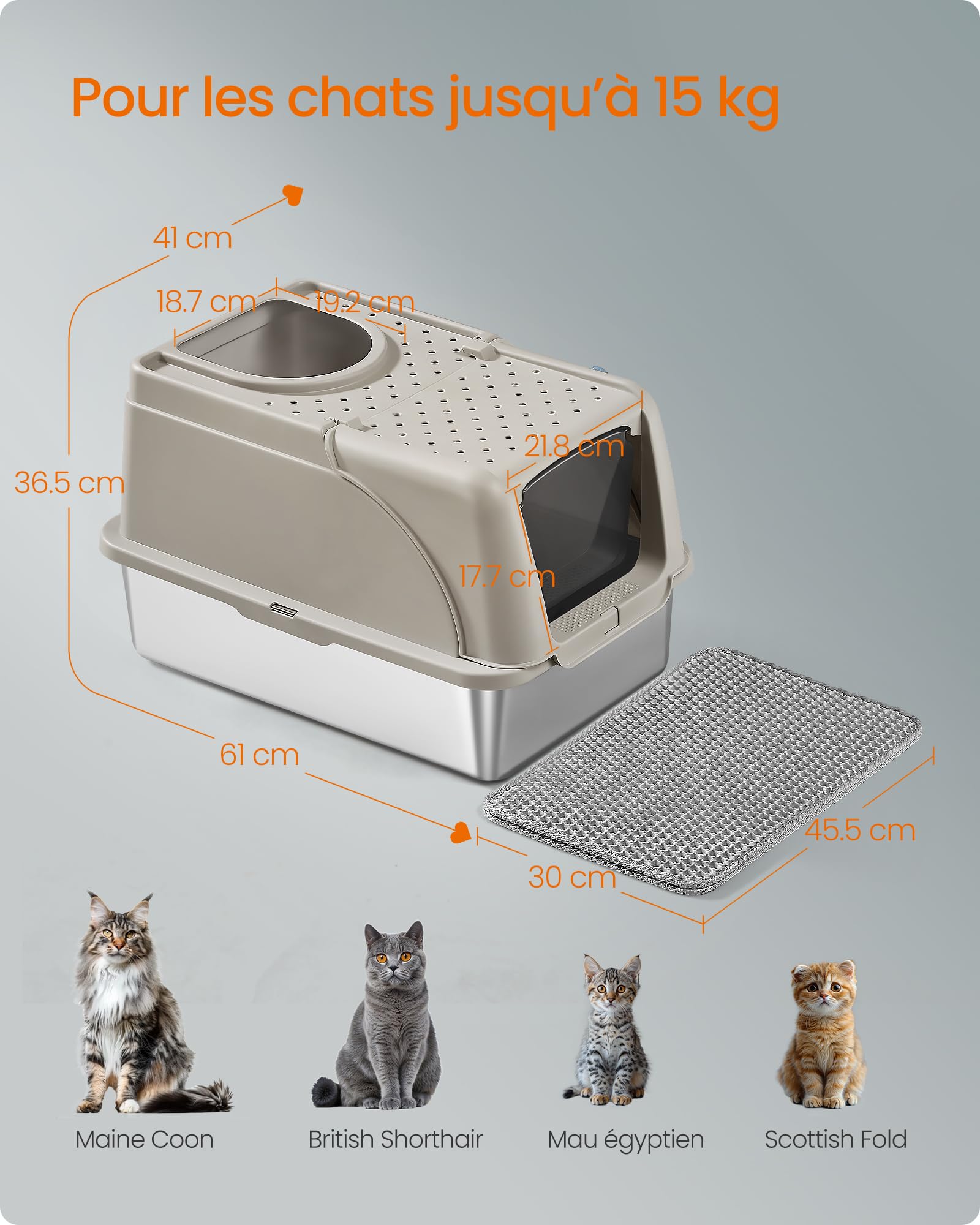 Feandrea Bac à Litière pour Chat, en Acier Inoxydable, avec Couvercle Basculant, Grande Taille, Design Étanche, Pelle, Brosse, Double Entrée, pour Chats Jusqu'à 15 kg, Beige Cappuccino PPT005K01